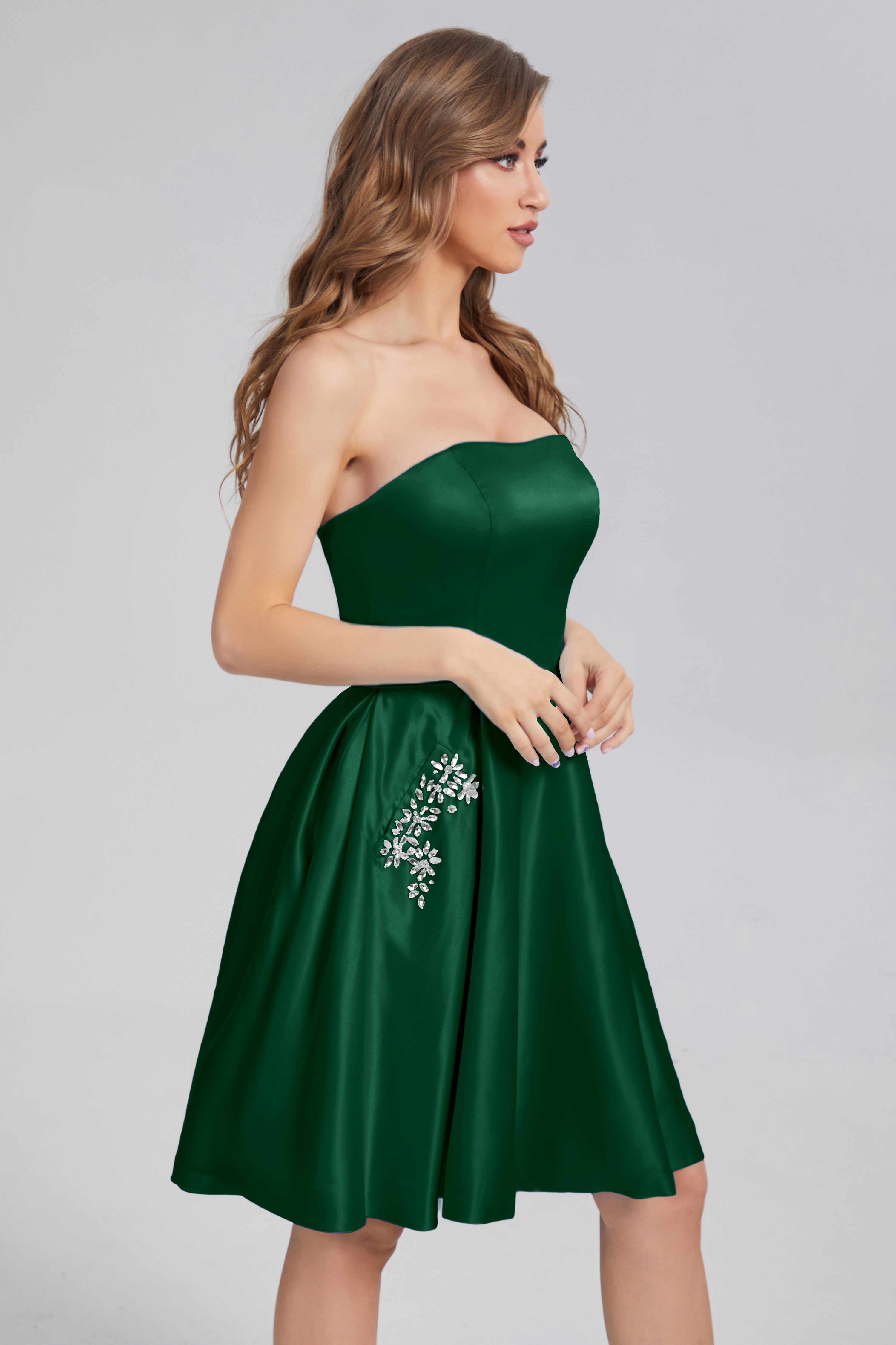 Strapless Lace up Short Prom Dresses with Pocket