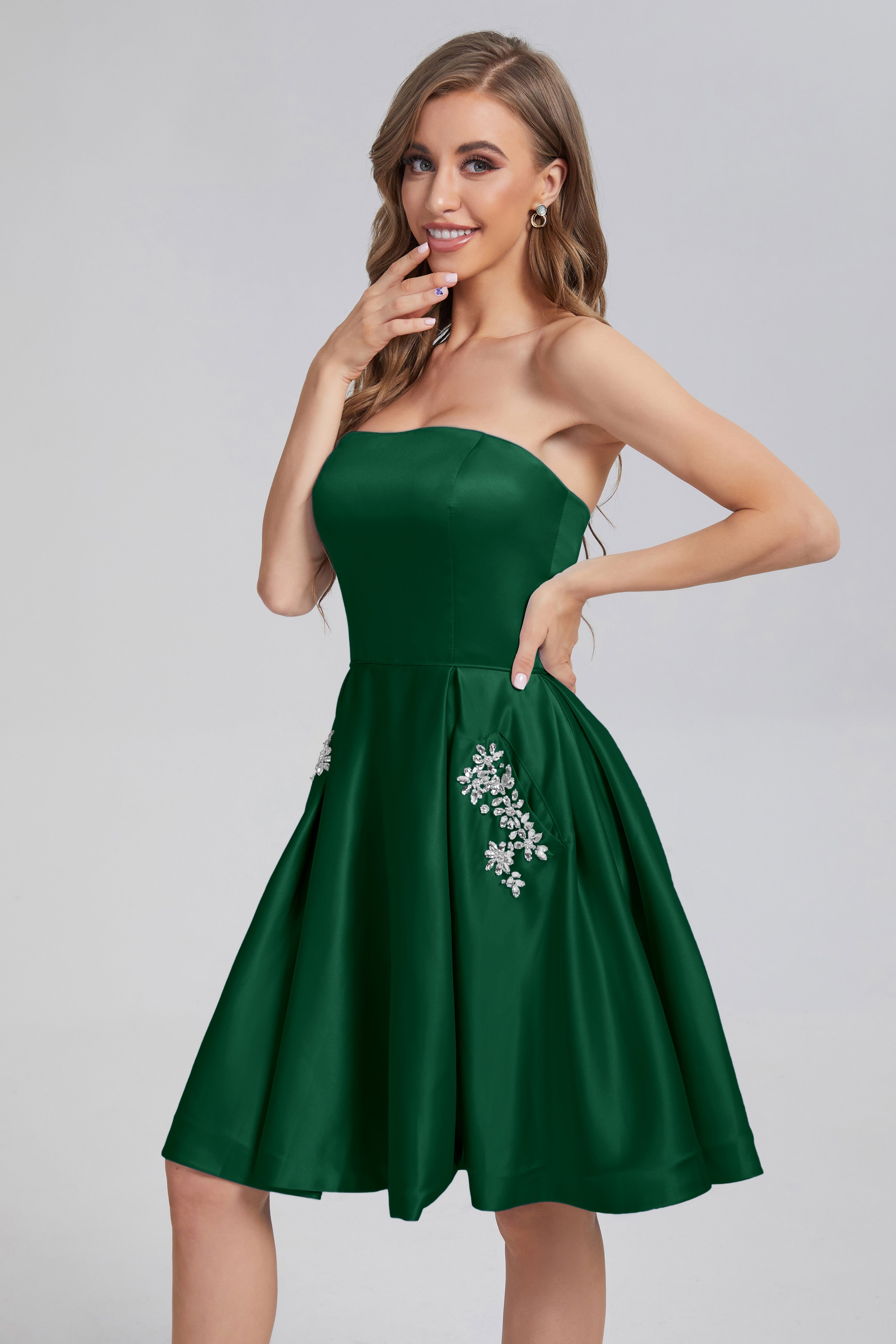 Strapless Lace up Short Prom Dresses with Pocket