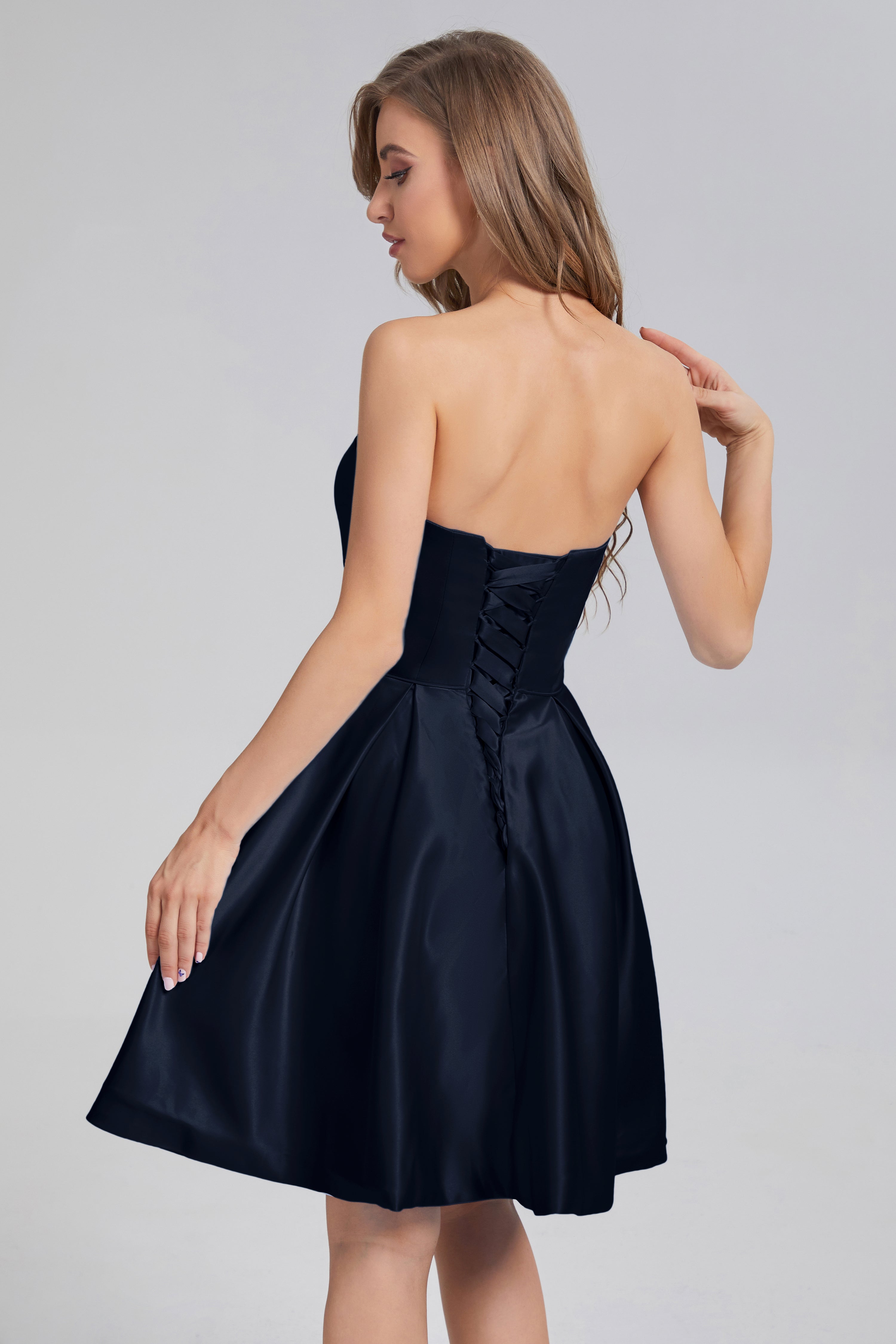 Strapless Lace up Short Prom Dresses with Pocket