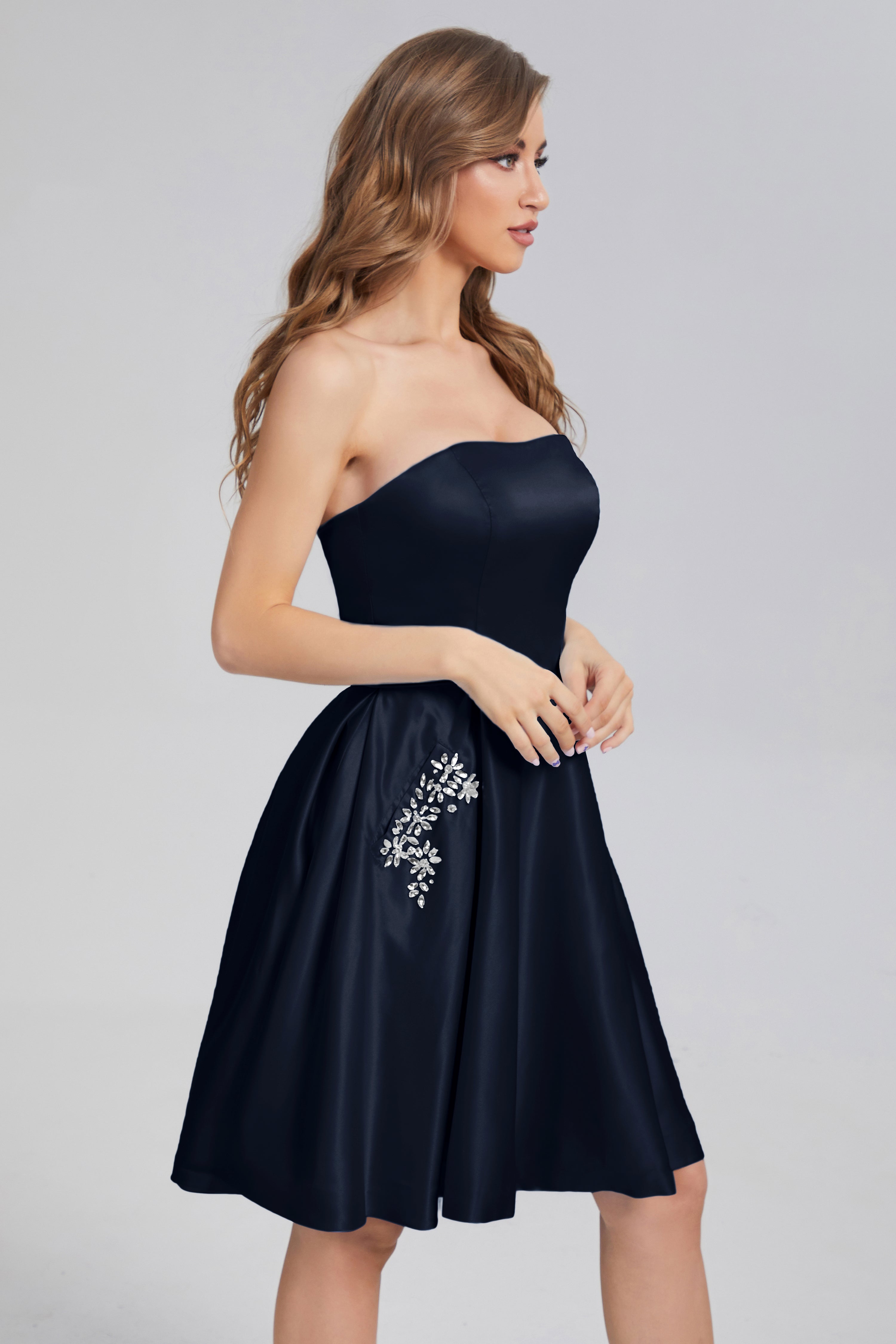 Strapless Lace up Short Prom Dresses with Pocket