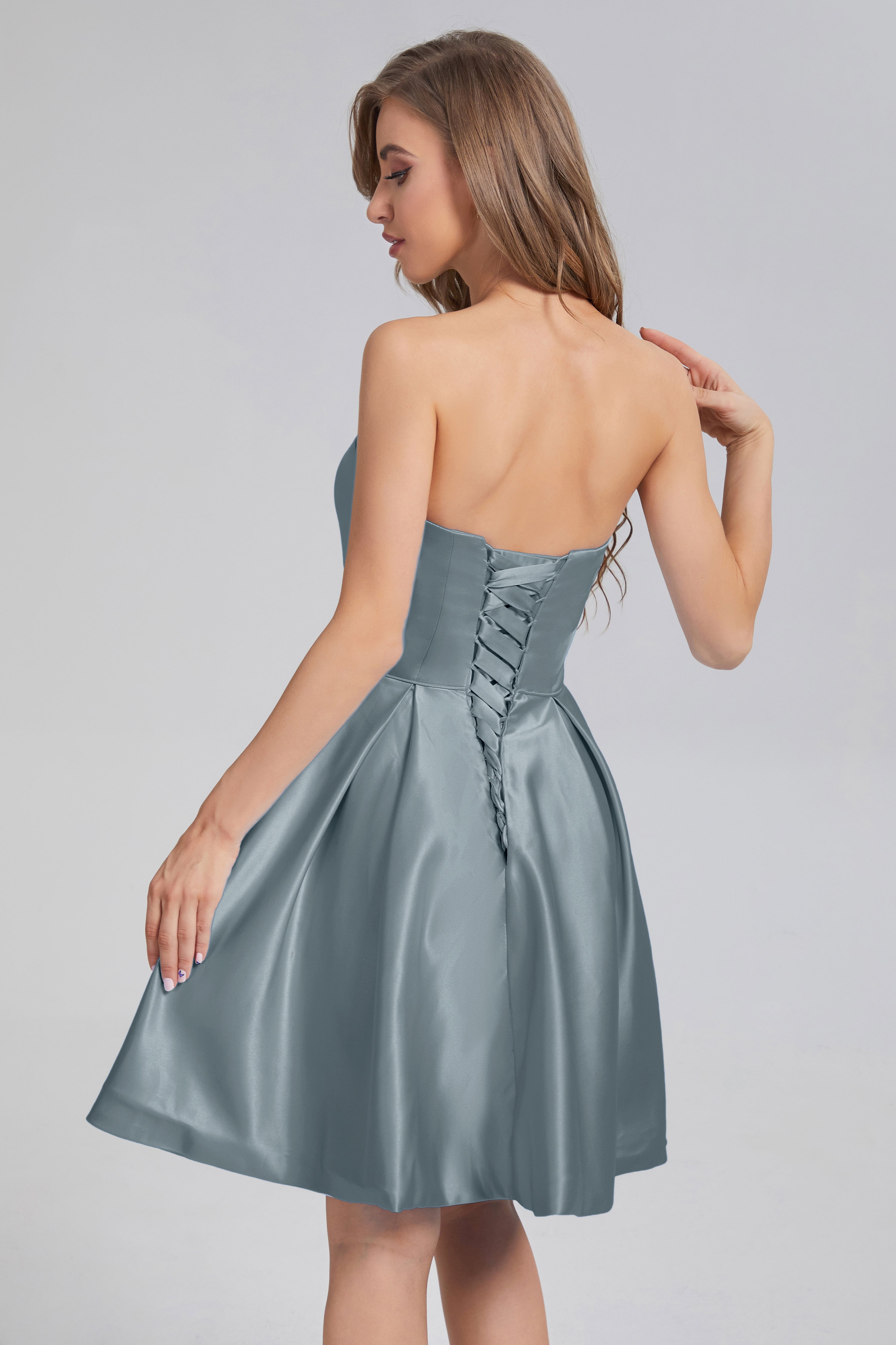 Strapless Lace up Short Prom Dresses with Pocket