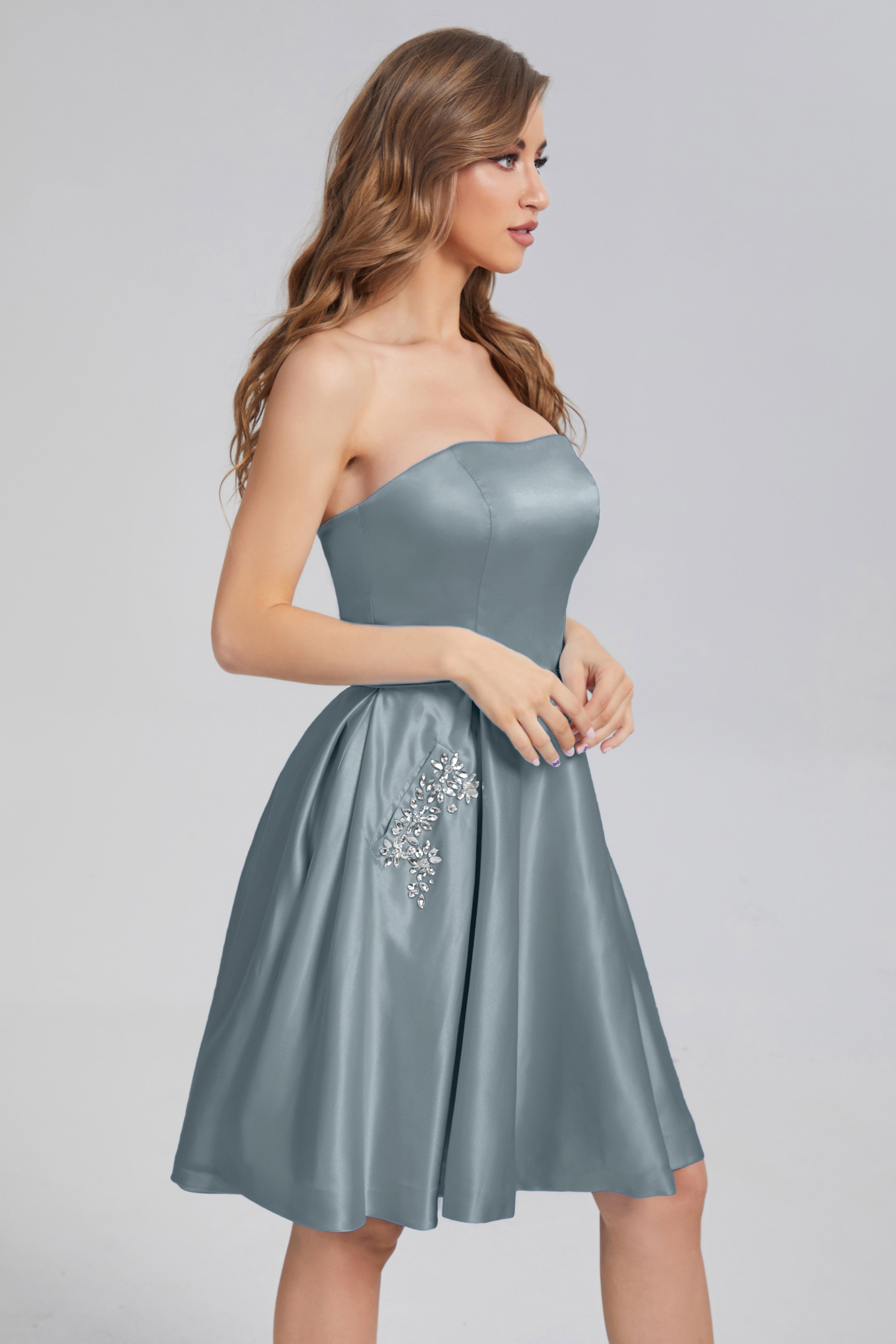 Strapless Lace up Short Prom Dresses with Pocket