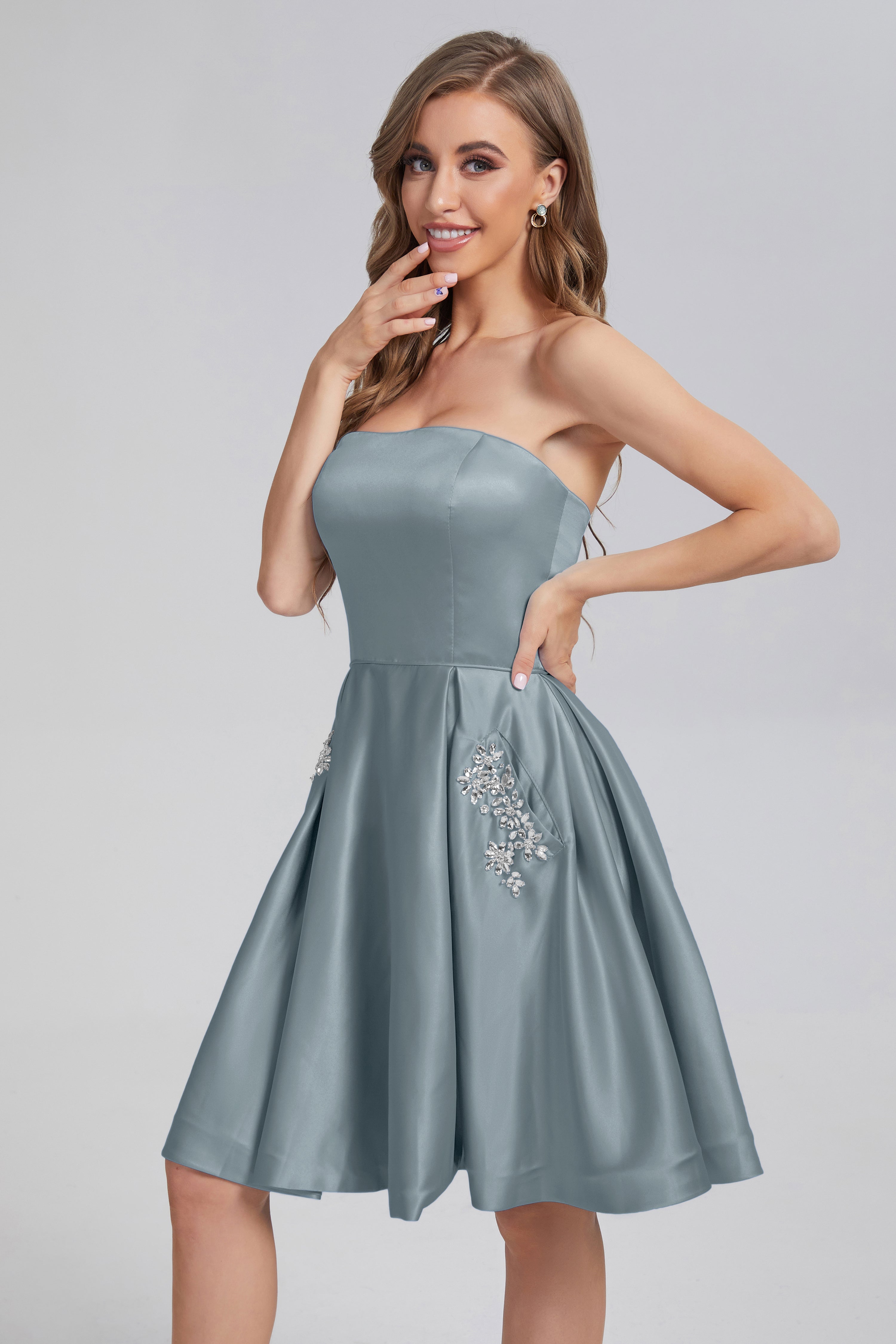 Strapless Lace up Short Prom Dresses with Pocket