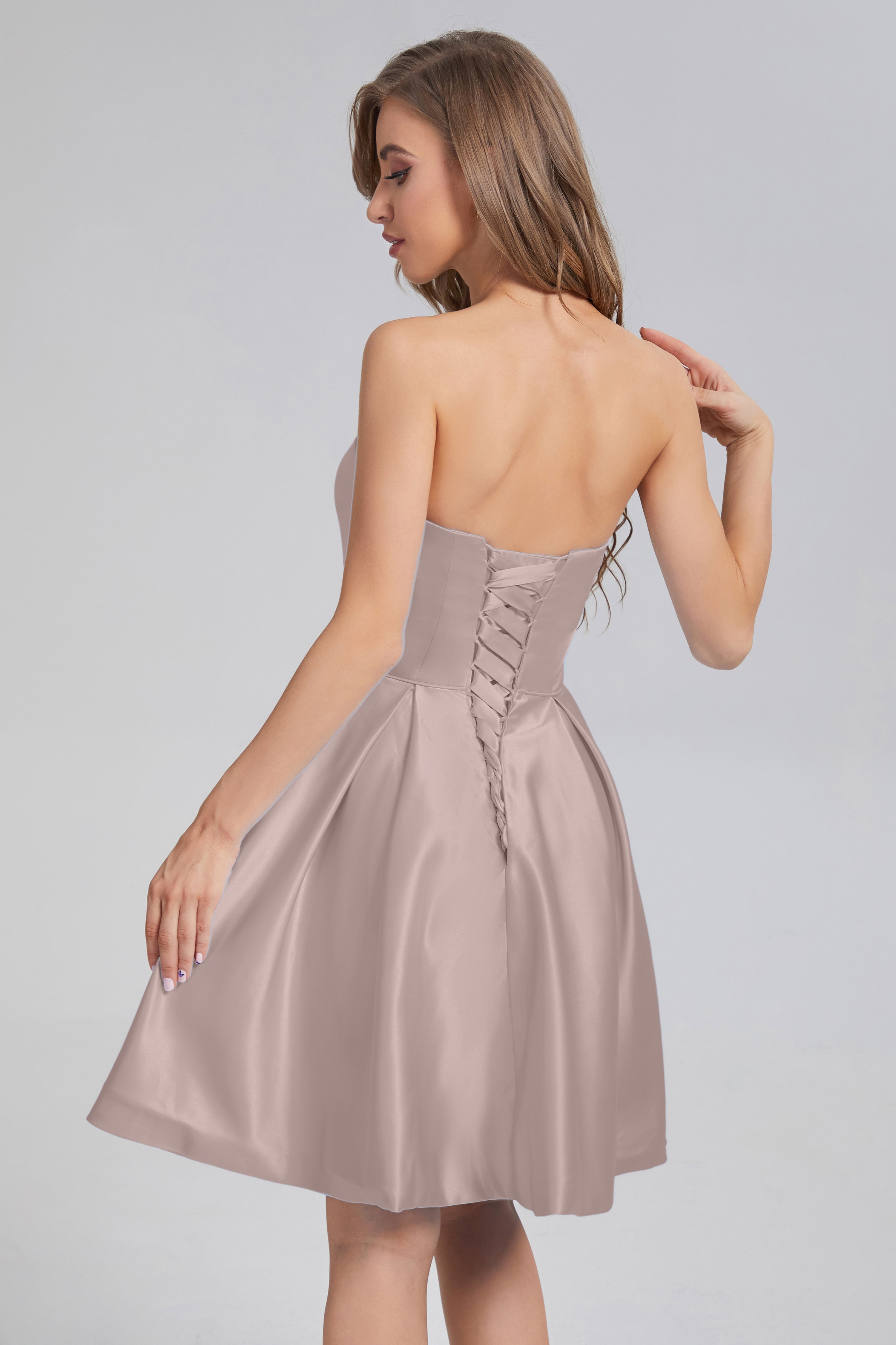 Strapless Lace up Short Prom Dresses with Pocket