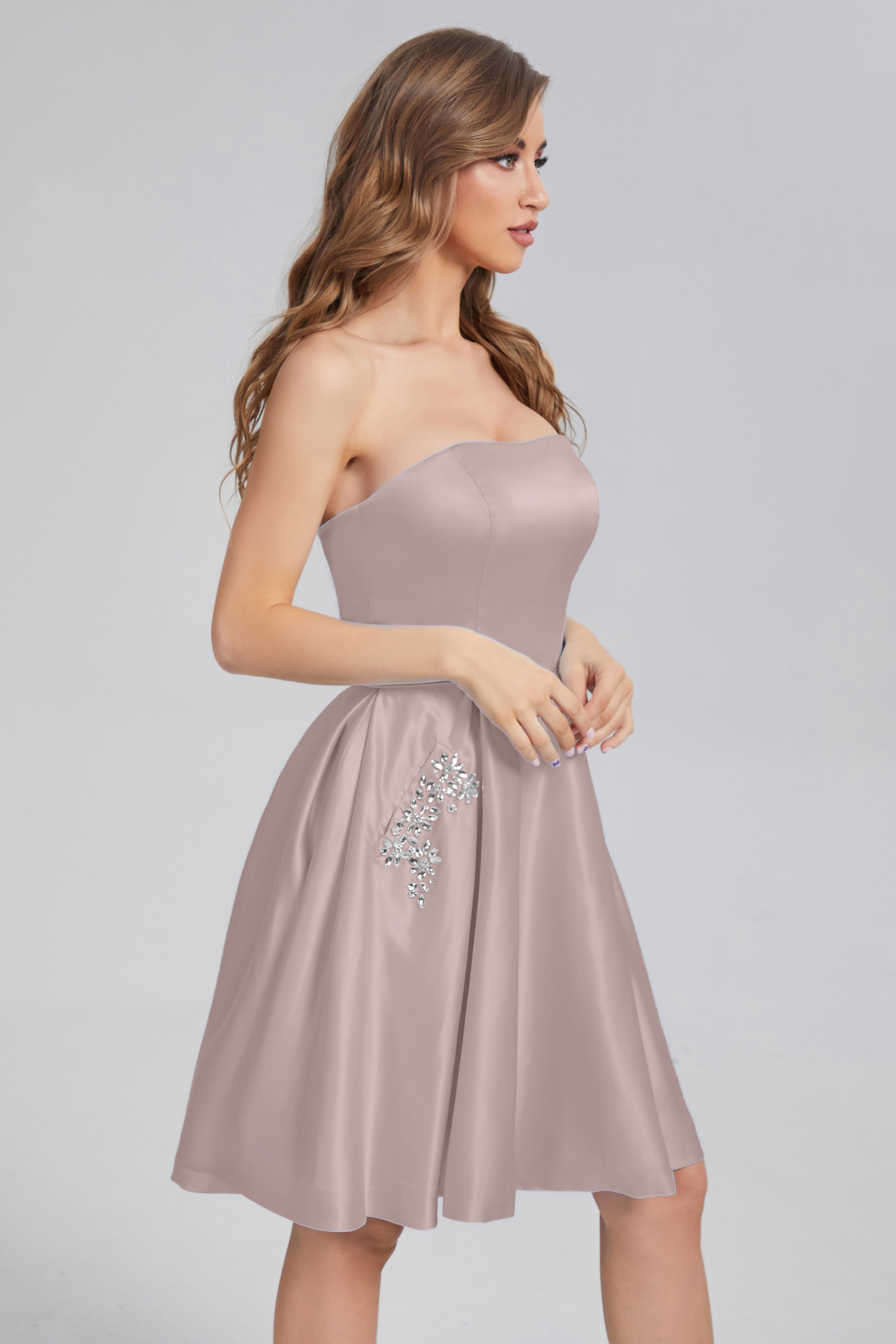 Strapless Lace up Short Prom Dresses with Pocket