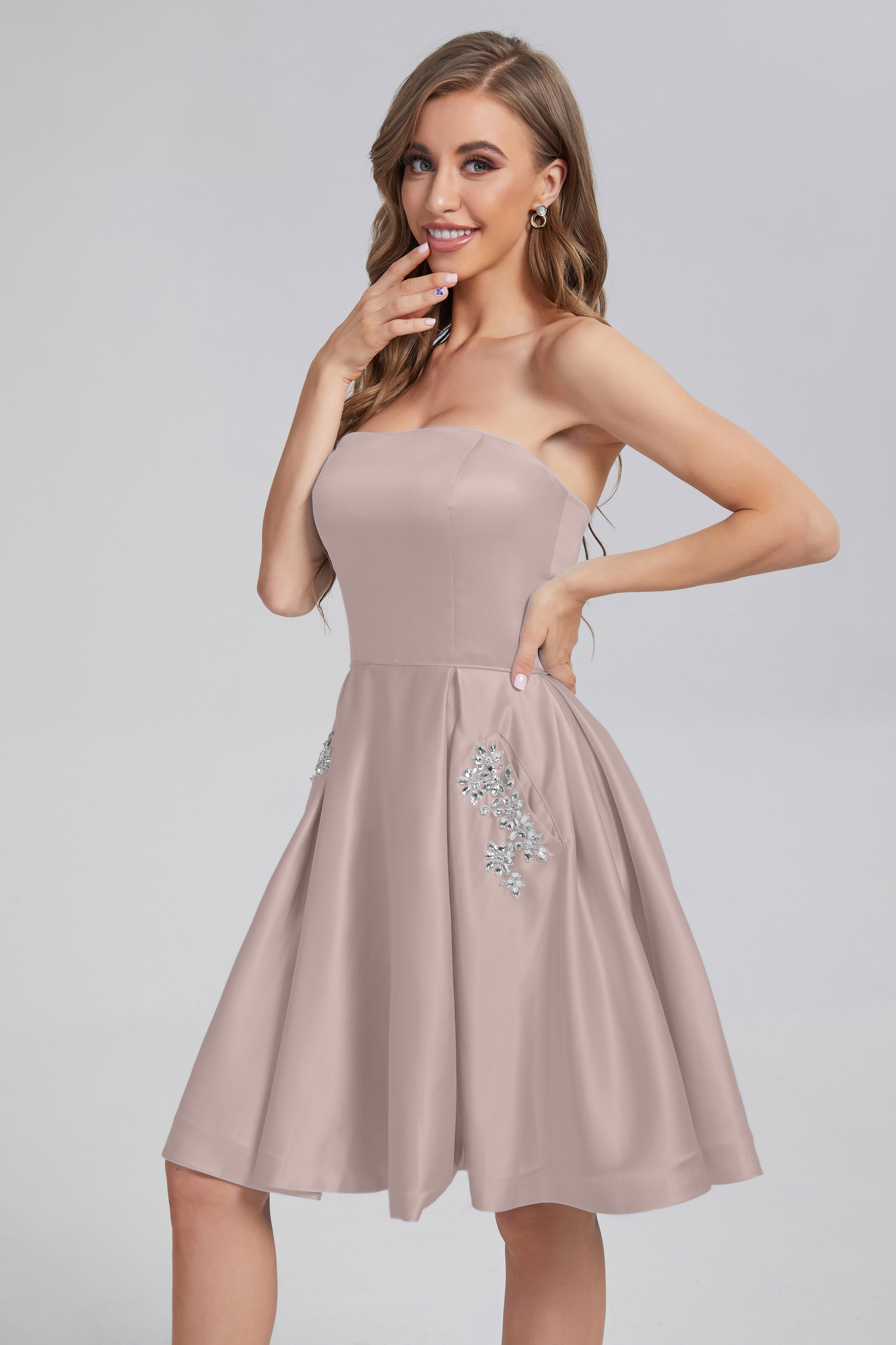 Strapless Lace up Short Prom Dresses with Pocket