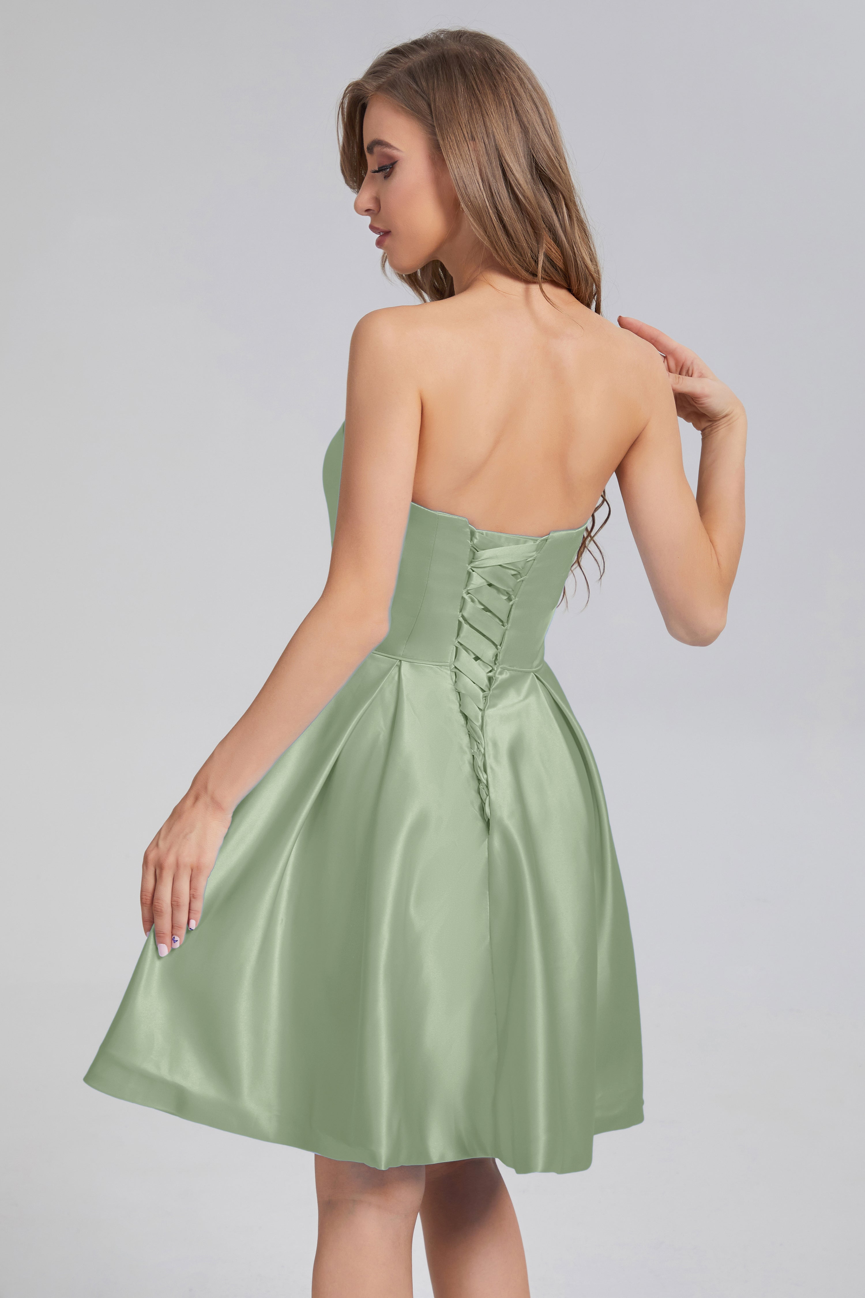 Strapless Lace up Short Prom Dresses with Pocket