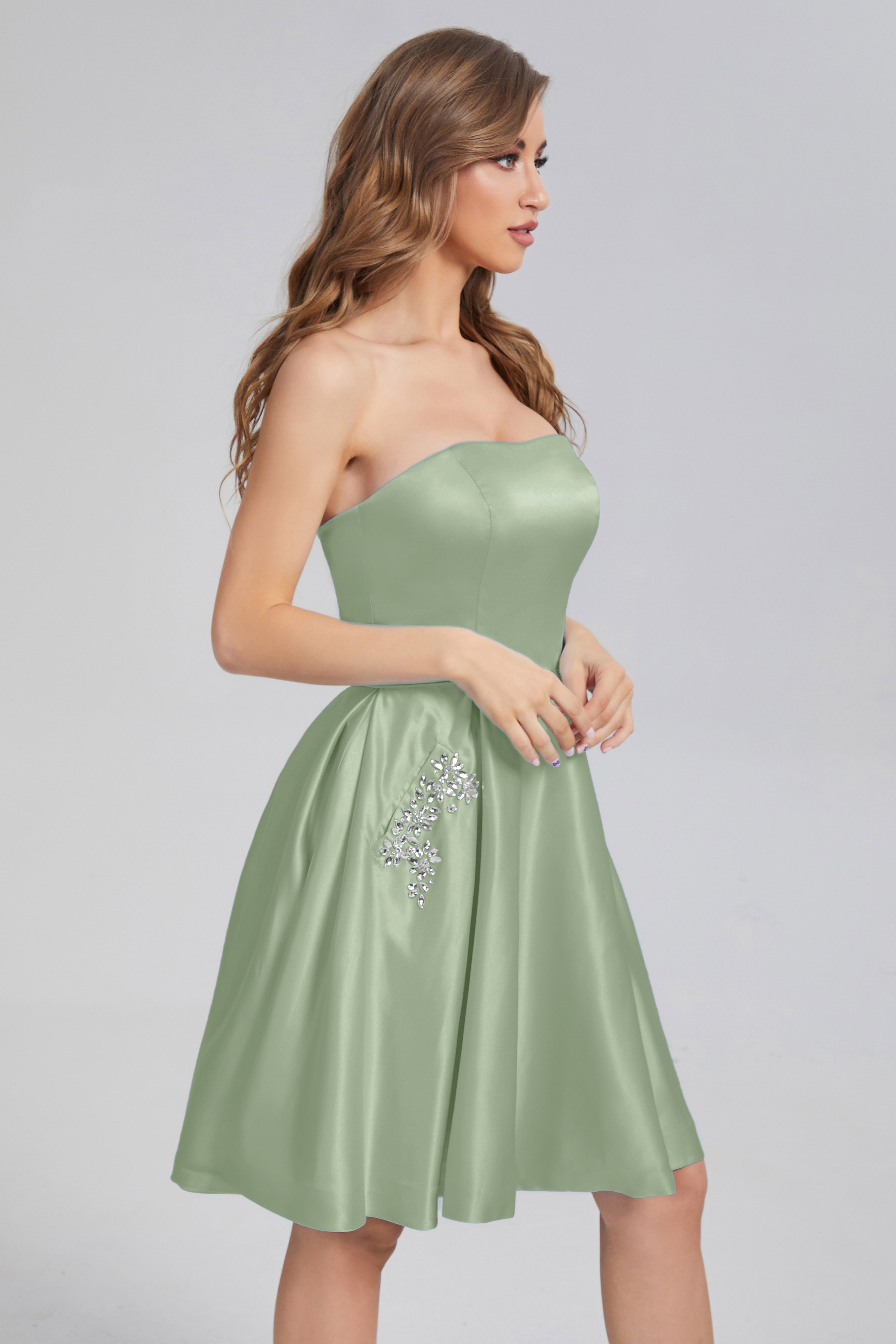 Strapless Lace up Short Prom Dresses with Pocket