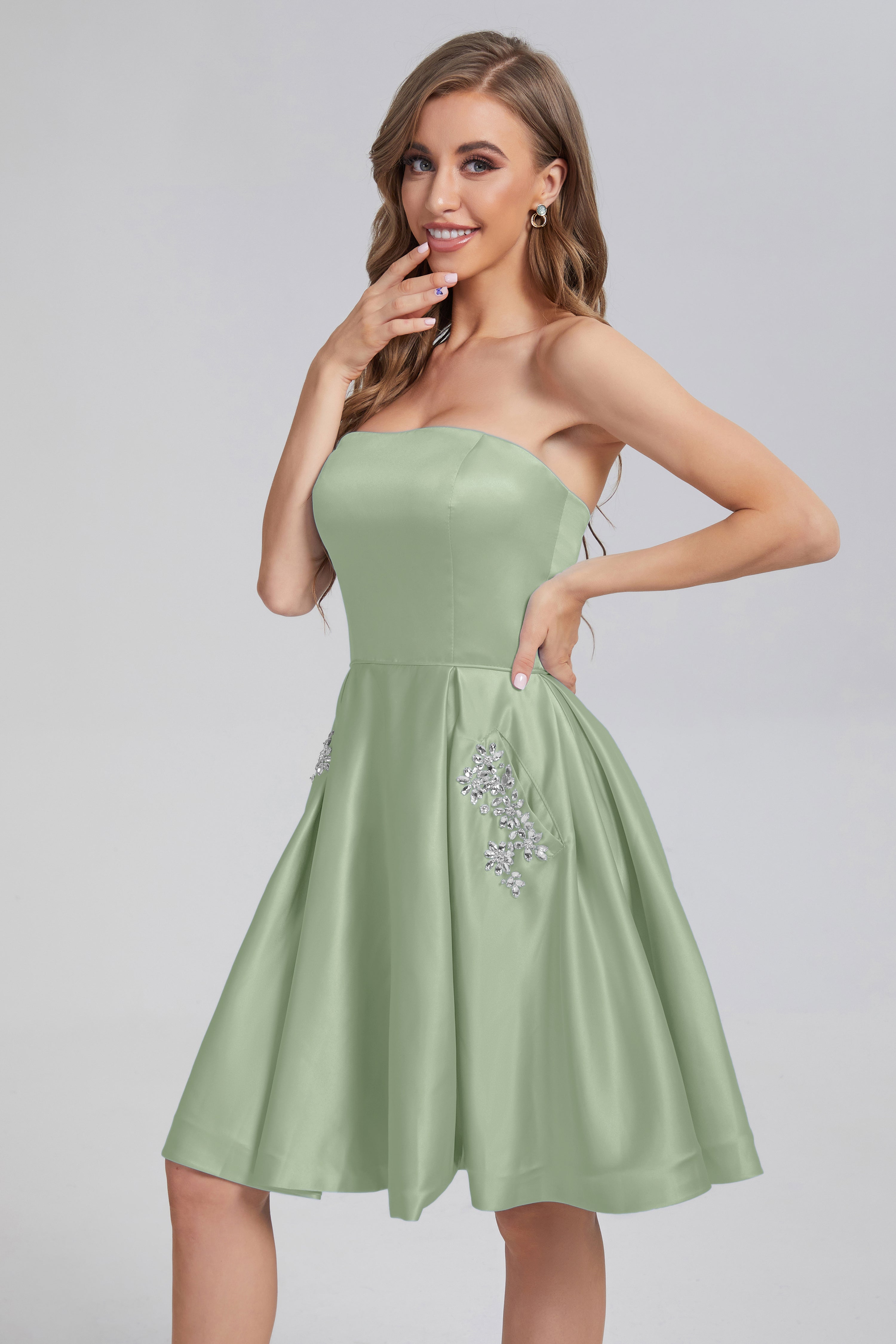 Strapless Lace up Short Prom Dresses with Pocket