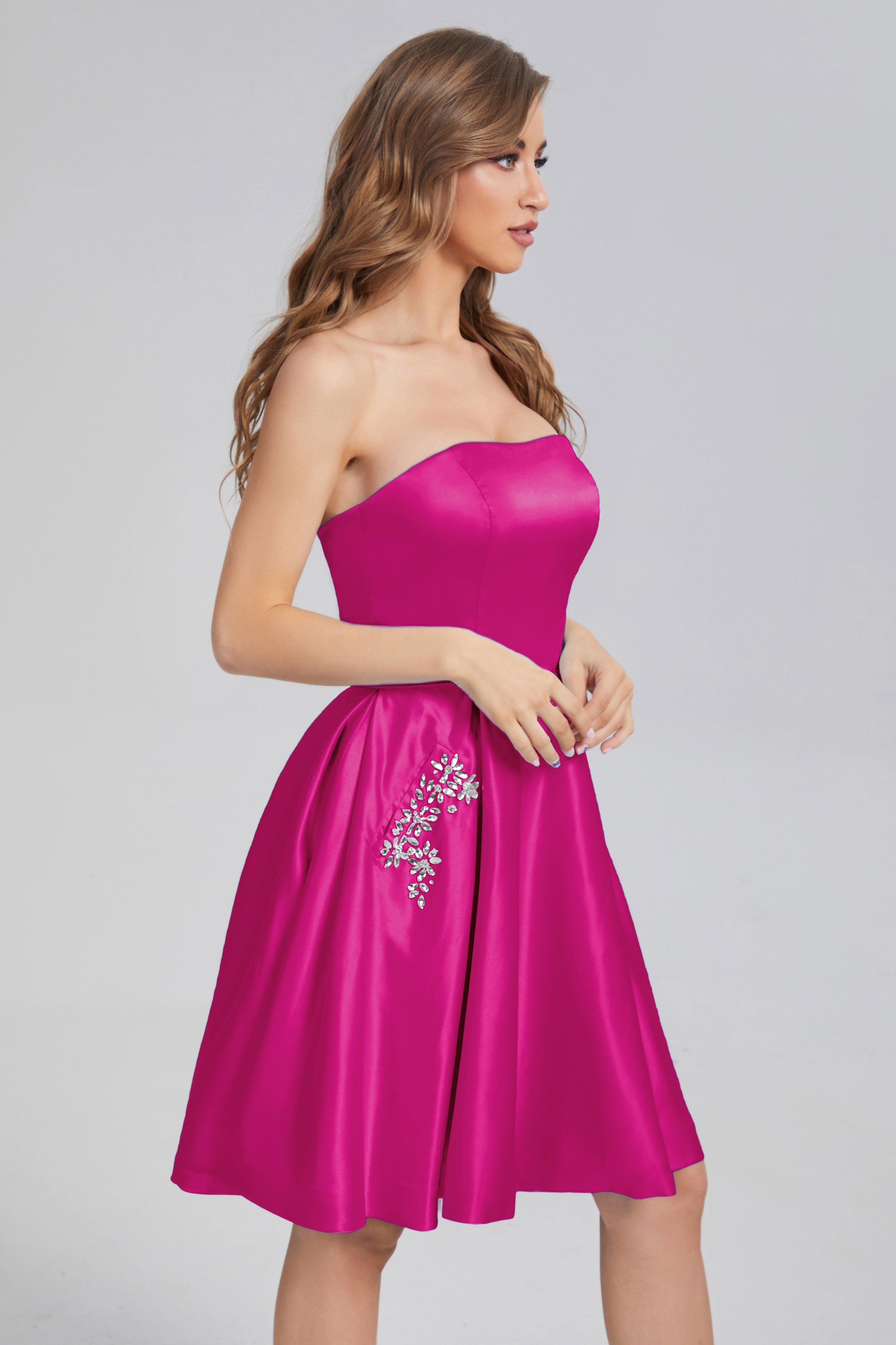 Strapless Lace up Short Prom Dresses with Pocket