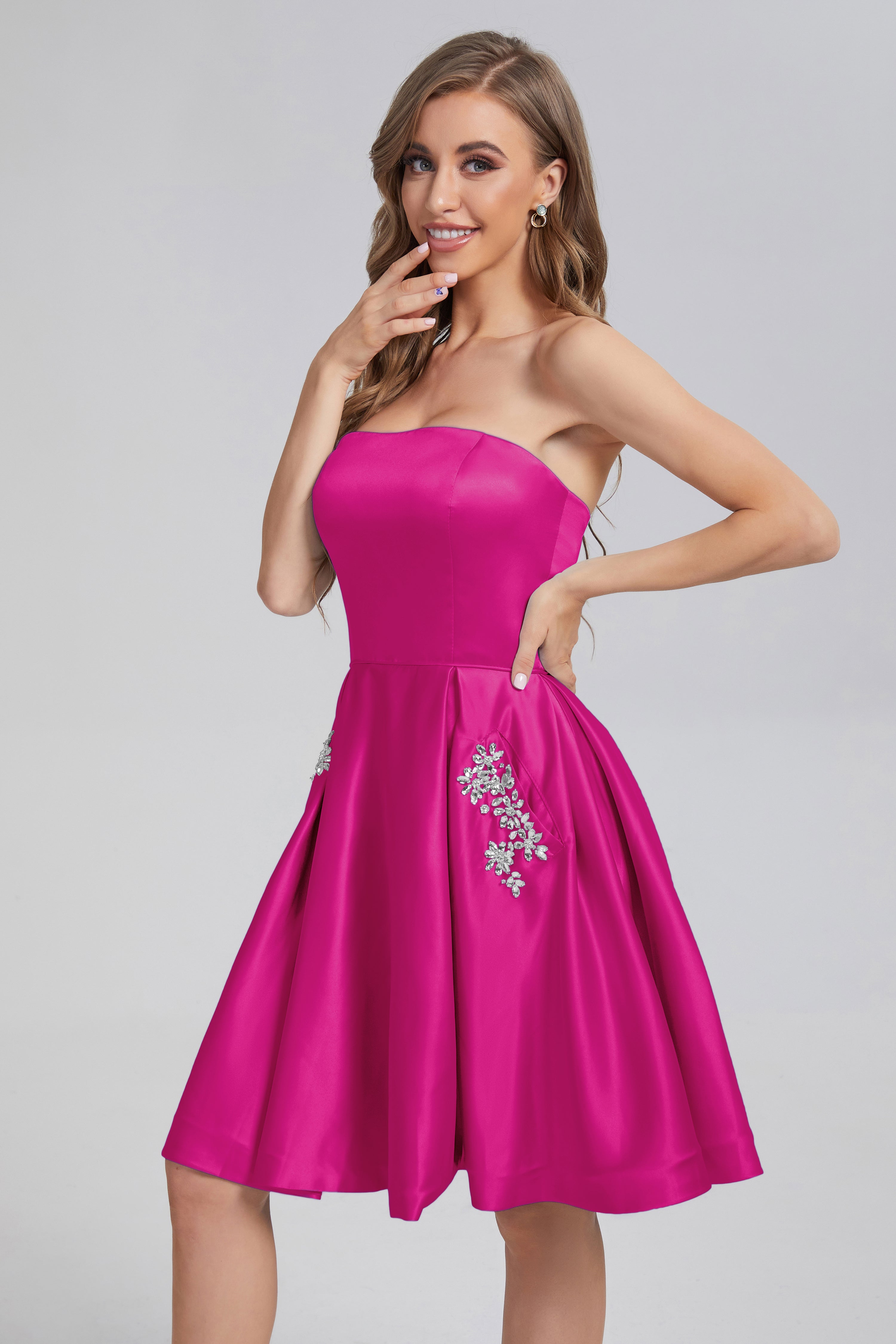 Strapless Lace up Short Prom Dresses with Pocket