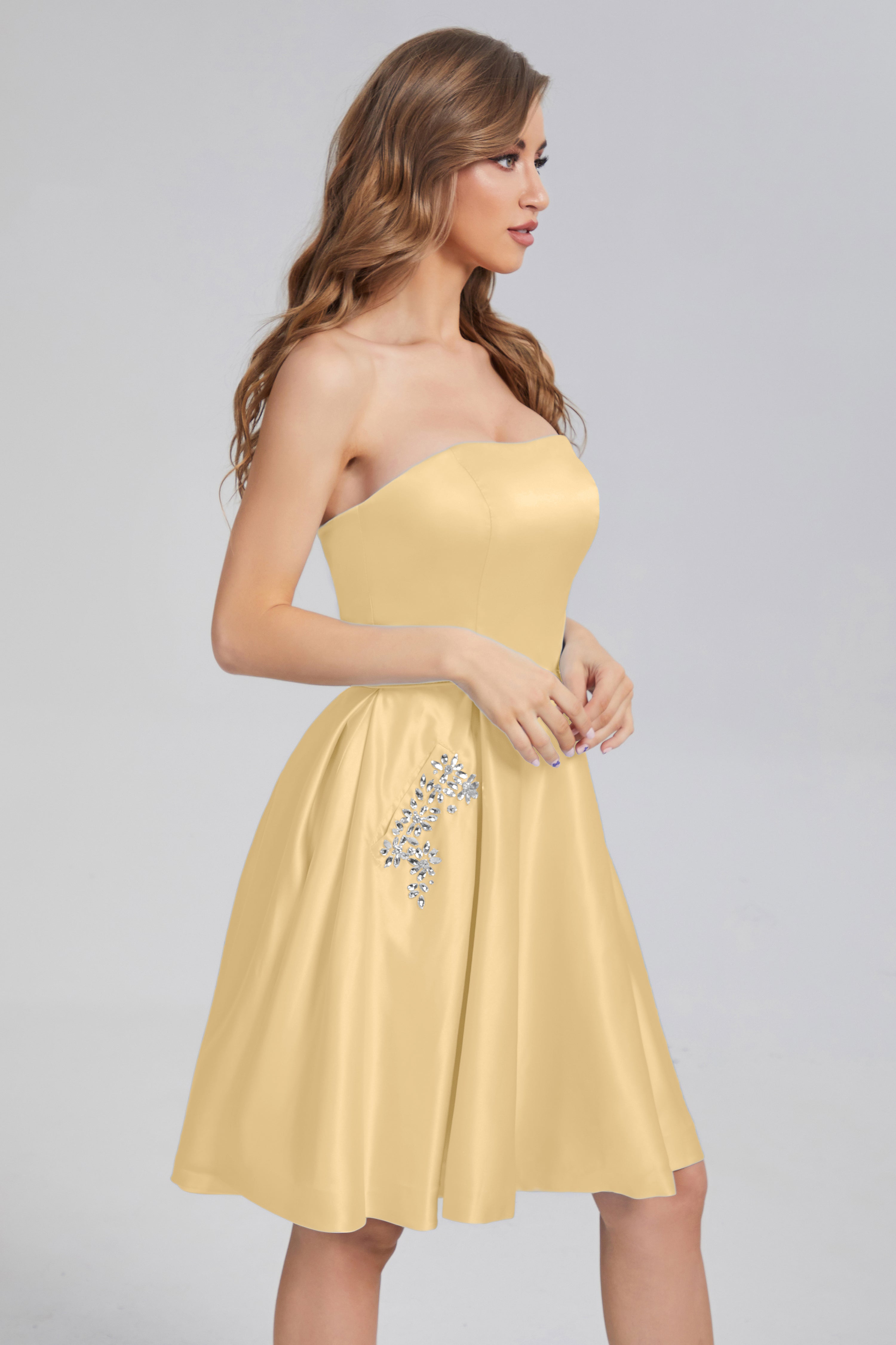 Strapless Lace up Short Prom Dresses with Pocket