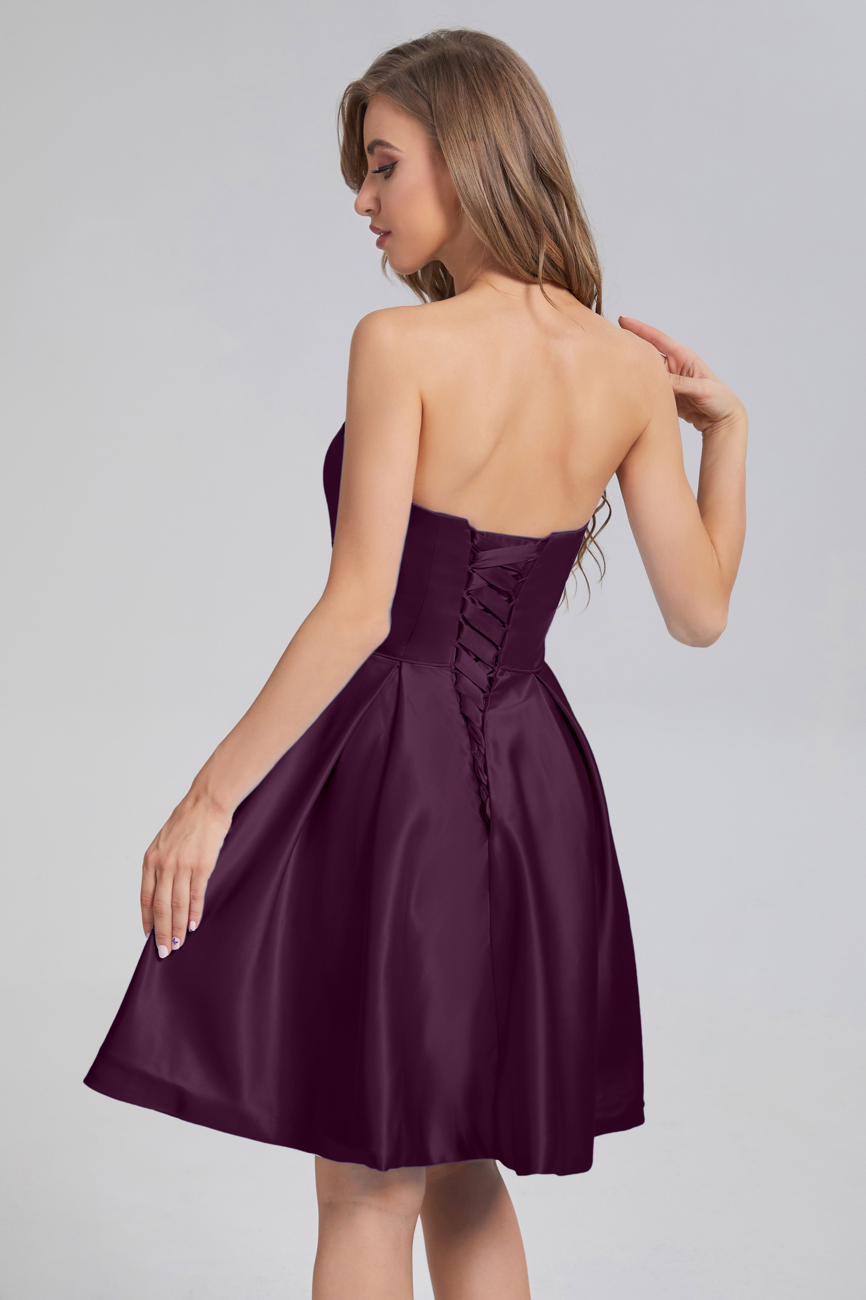 Strapless Lace up Short Prom Dresses with Pocket