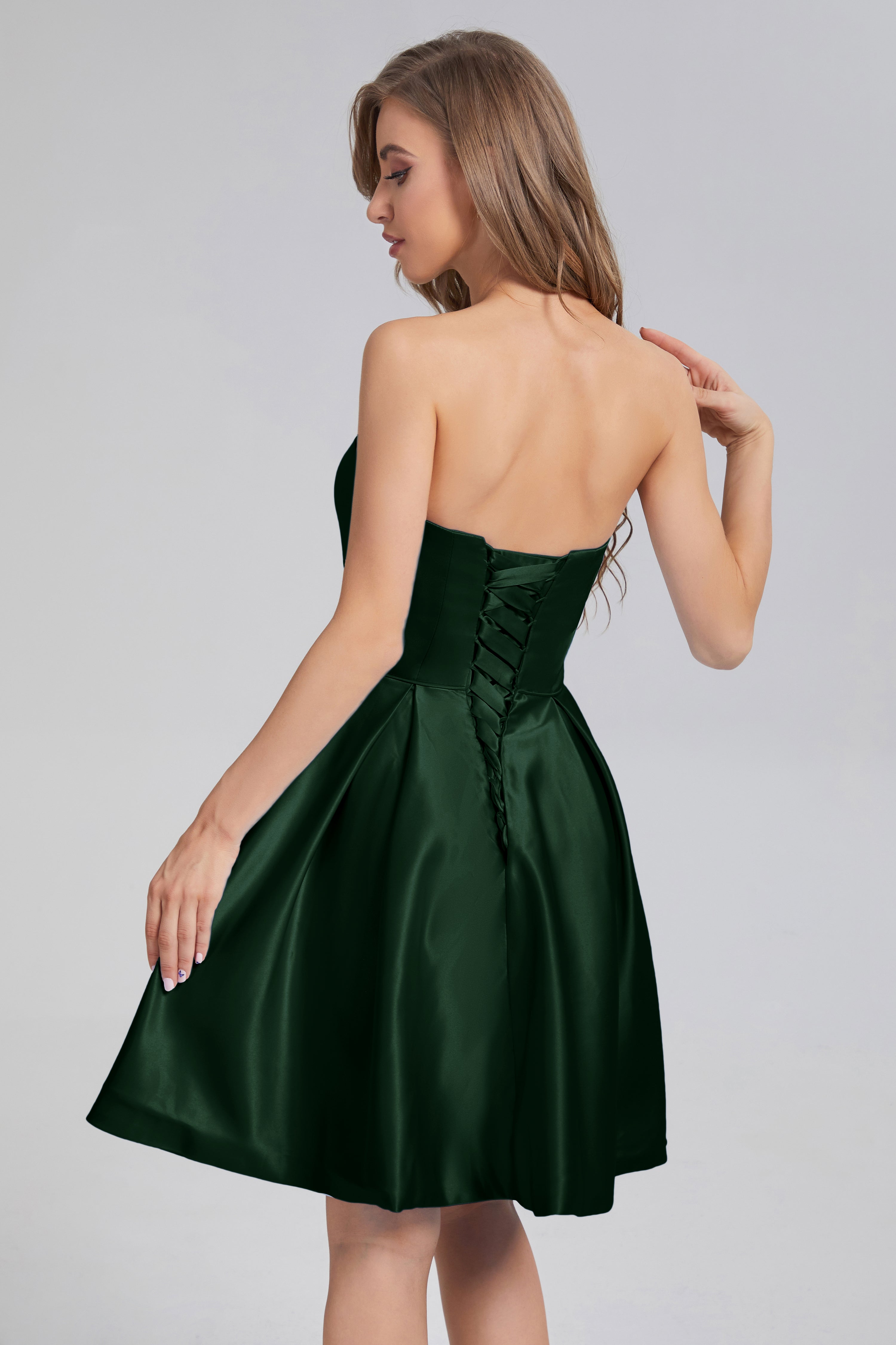 Strapless Lace up Short Prom Dresses with Pocket