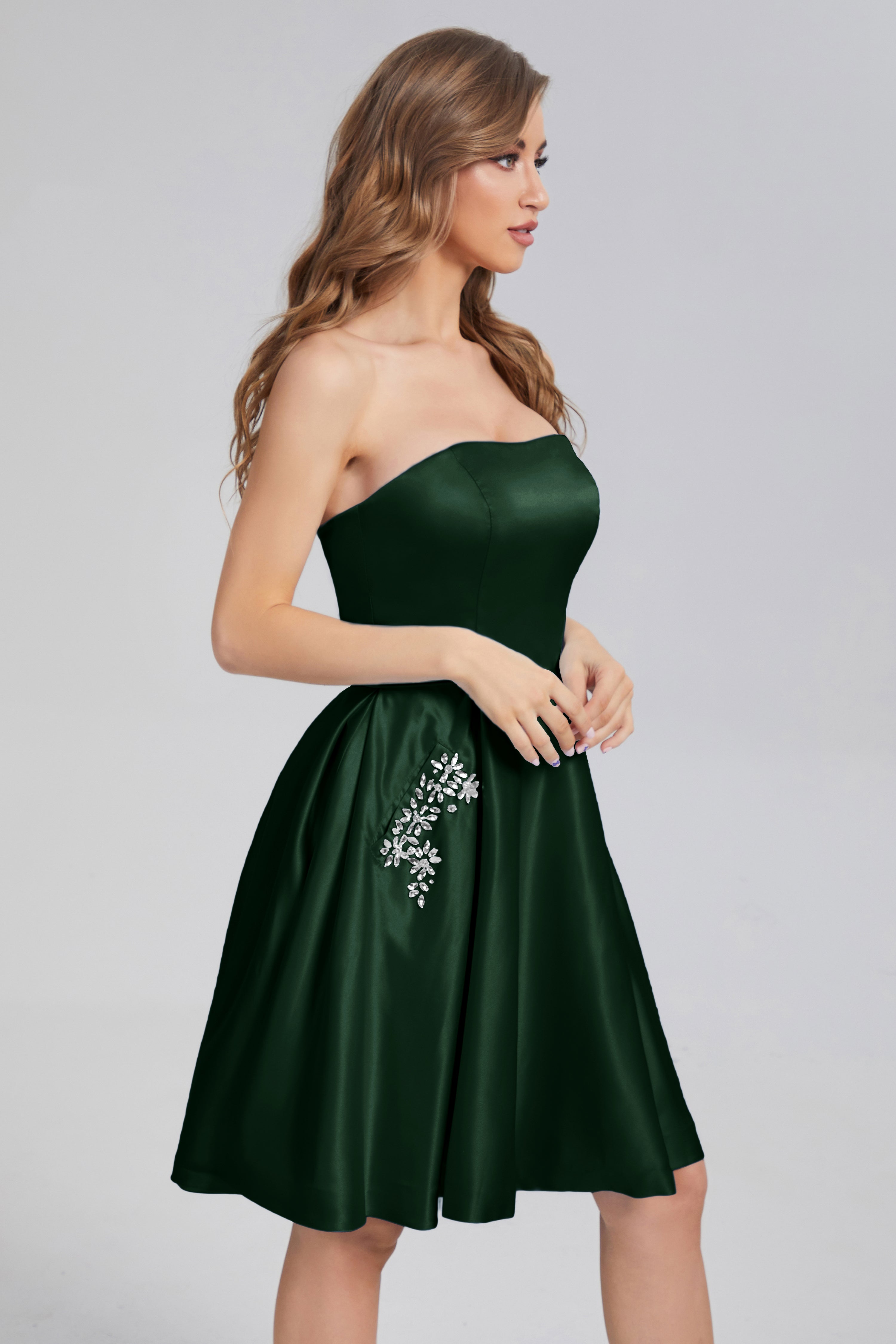 Strapless Lace up Short Prom Dresses with Pocket