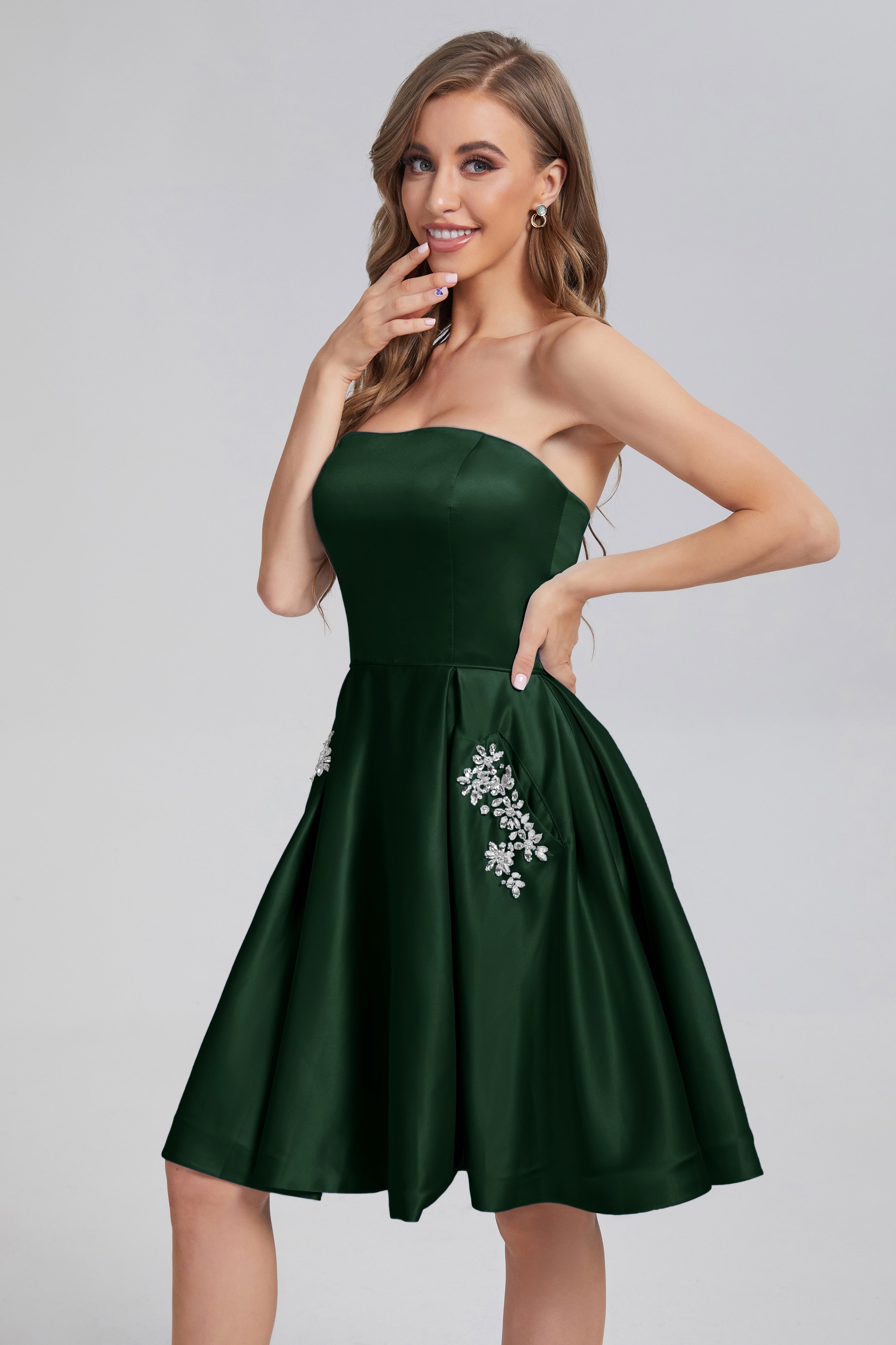 Strapless Lace up Short Prom Dresses with Pocket