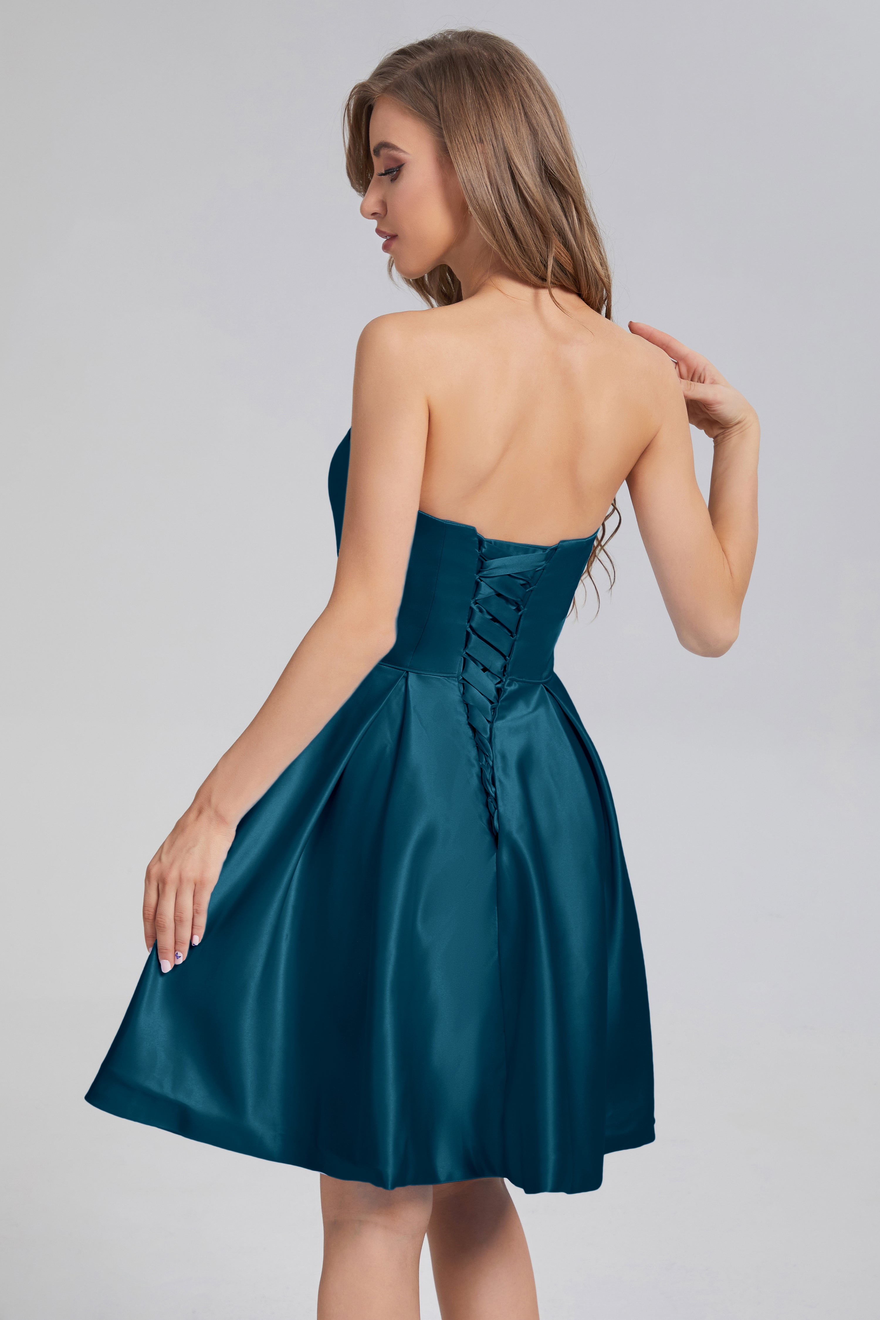 Strapless Lace up Short Prom Dresses with Pocket