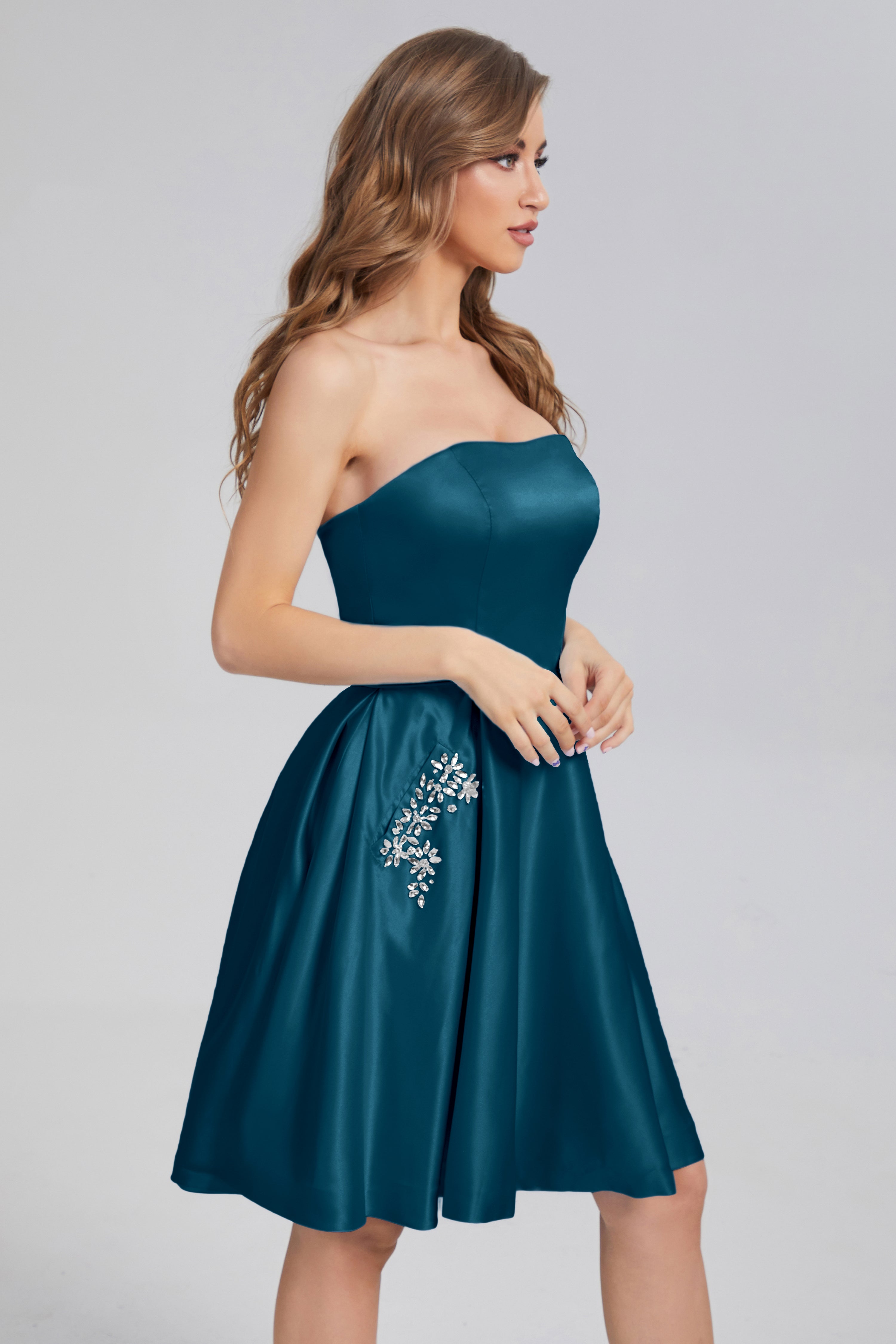 Strapless Lace up Short Prom Dresses with Pocket