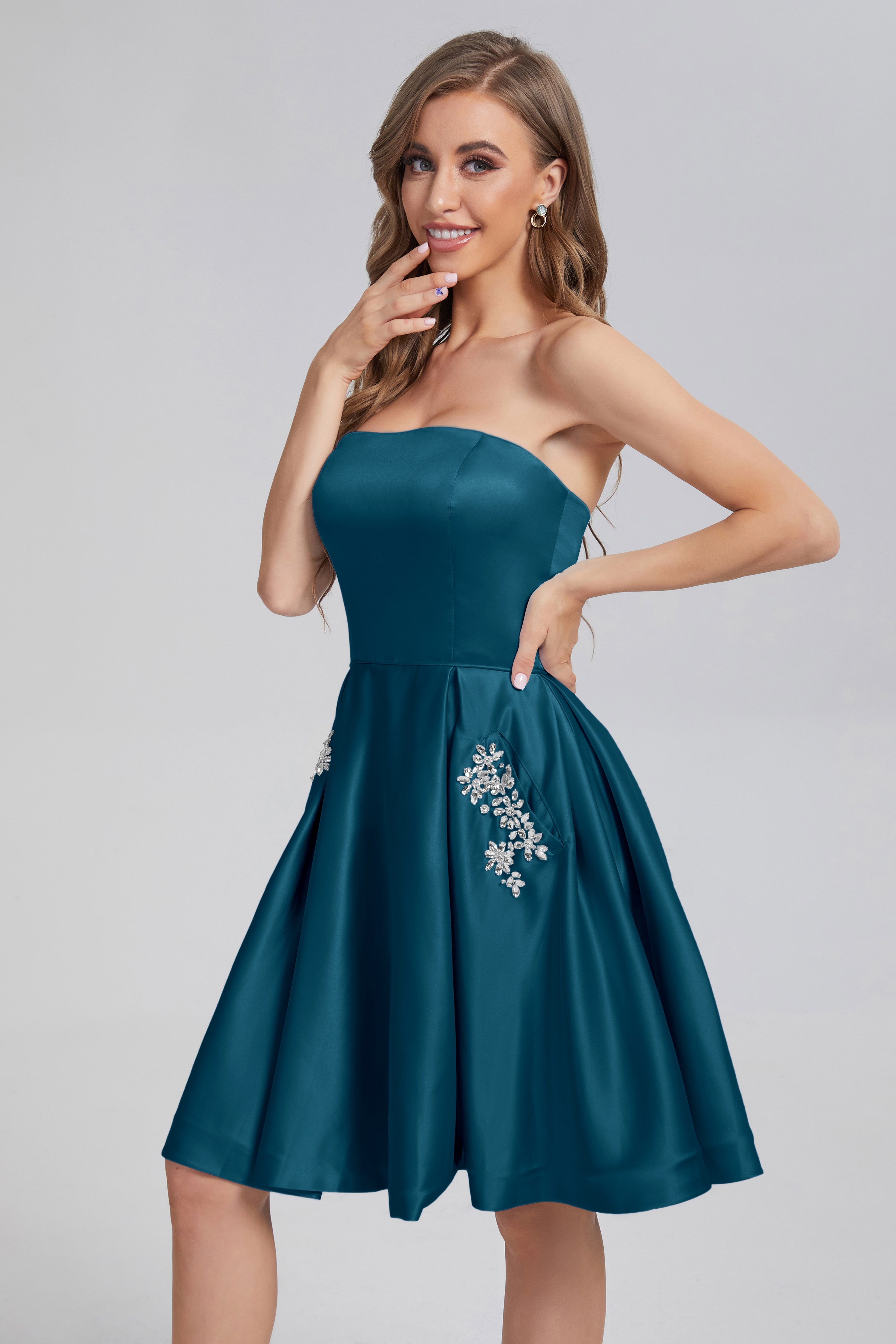 Strapless Lace up Short Prom Dresses with Pocket