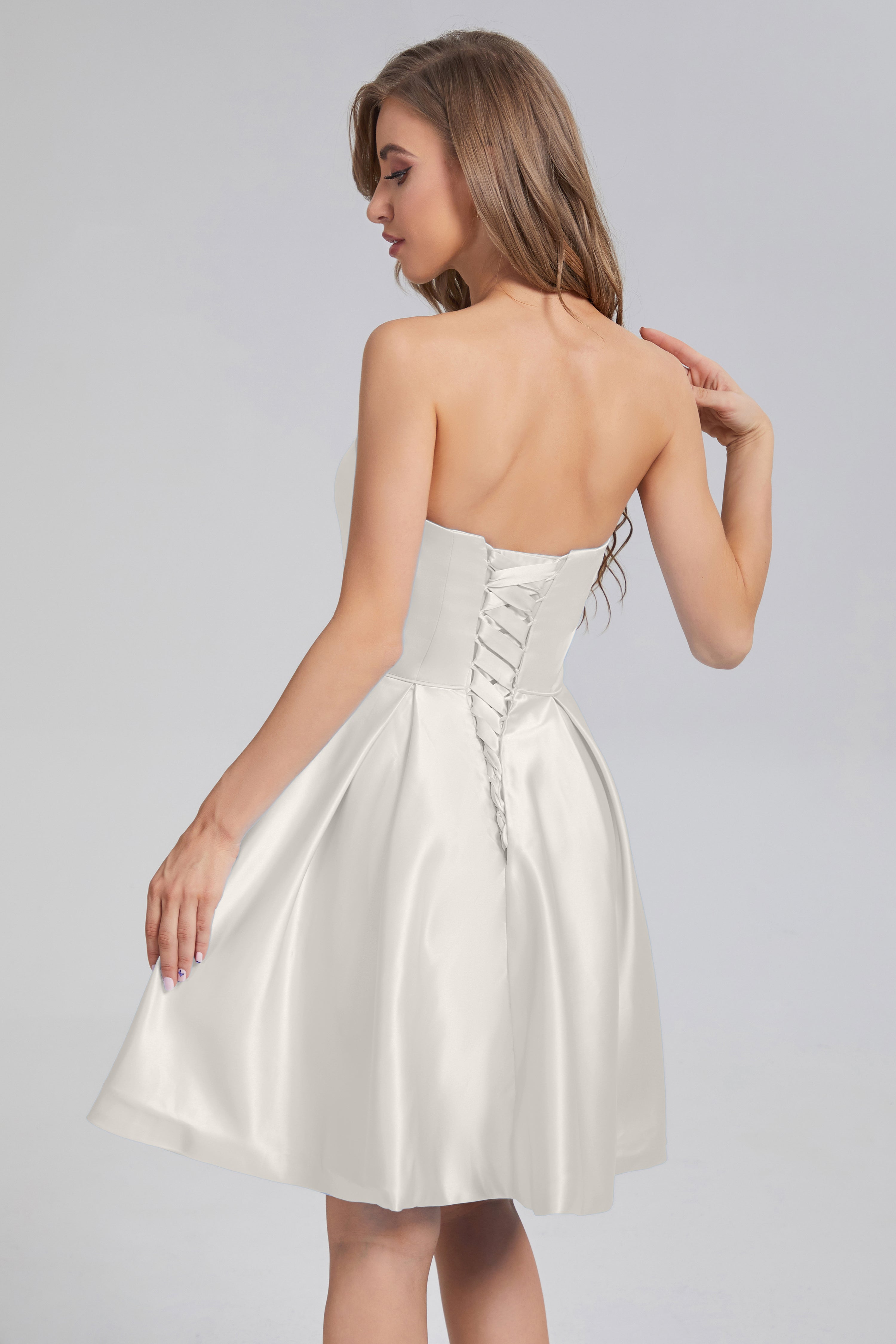 Strapless Lace up Short Prom Dresses with Pocket