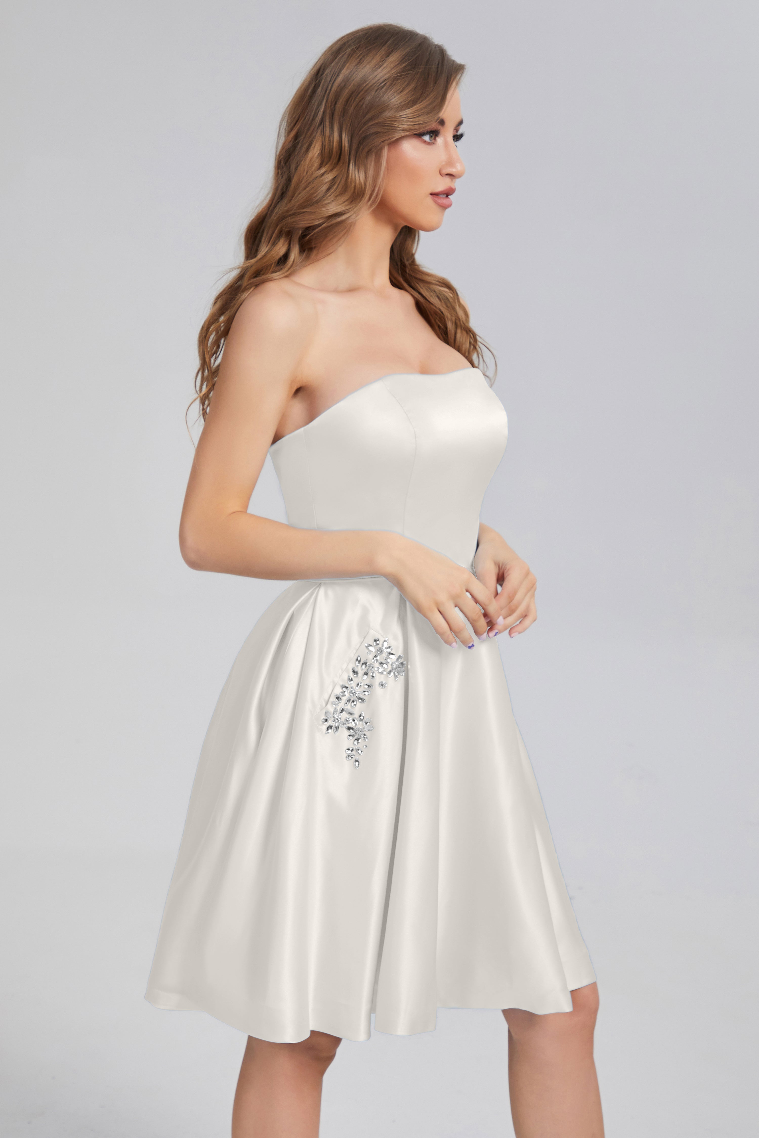 Strapless Lace up Short Prom Dresses with Pocket