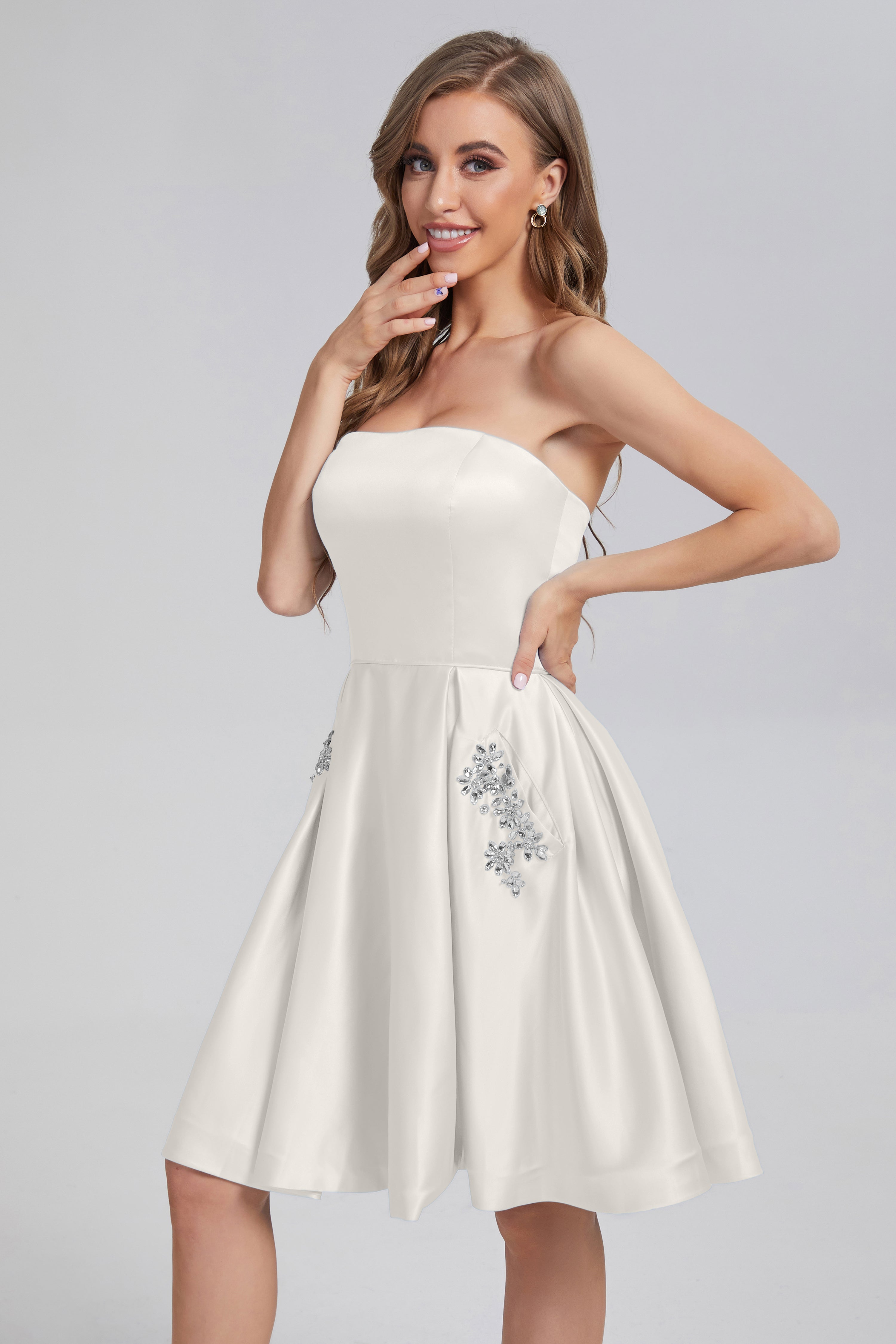 Strapless Lace up Short Prom Dresses with Pocket