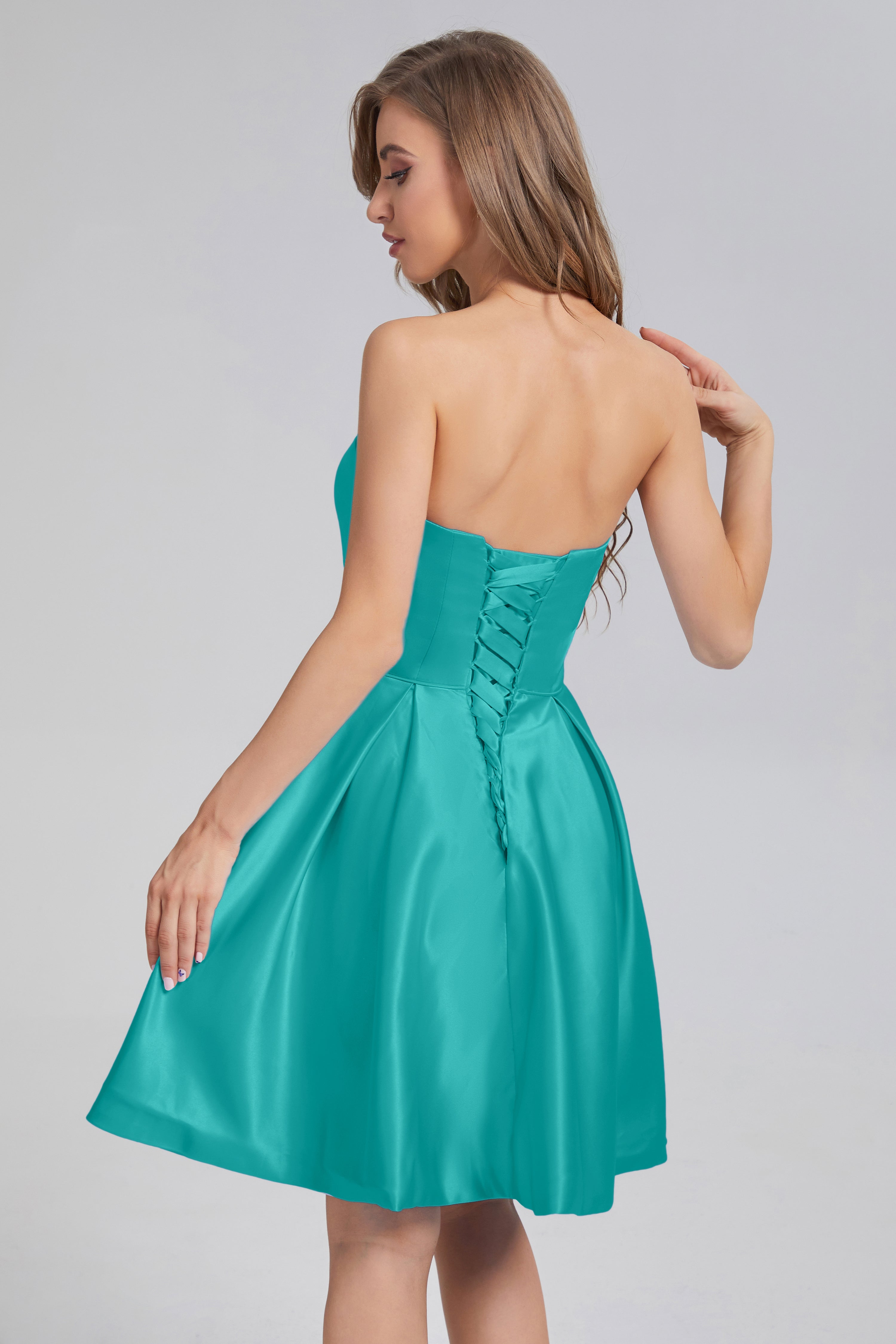 Strapless Lace up Short Prom Dresses with Pocket