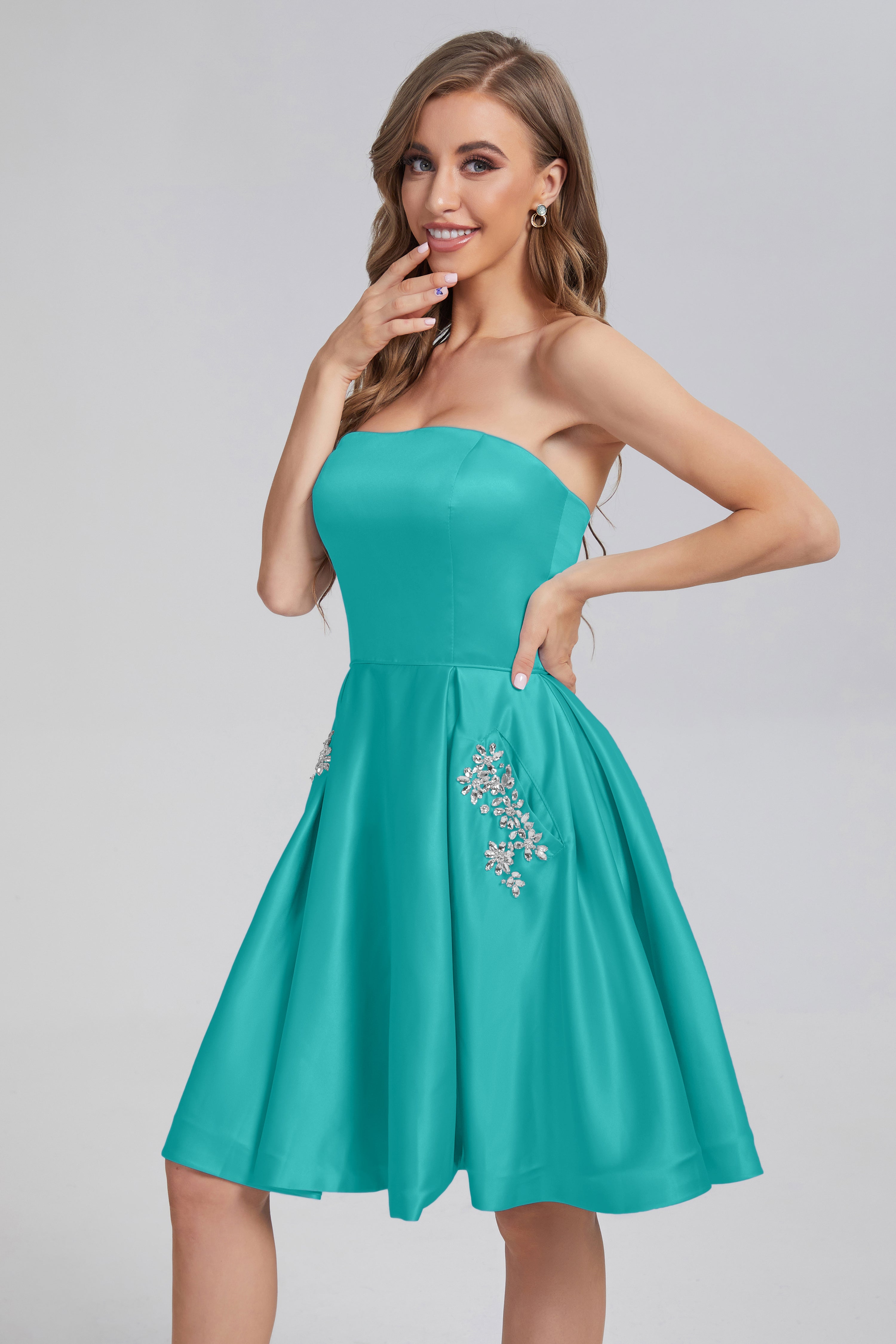 Strapless Lace up Short Prom Dresses with Pocket