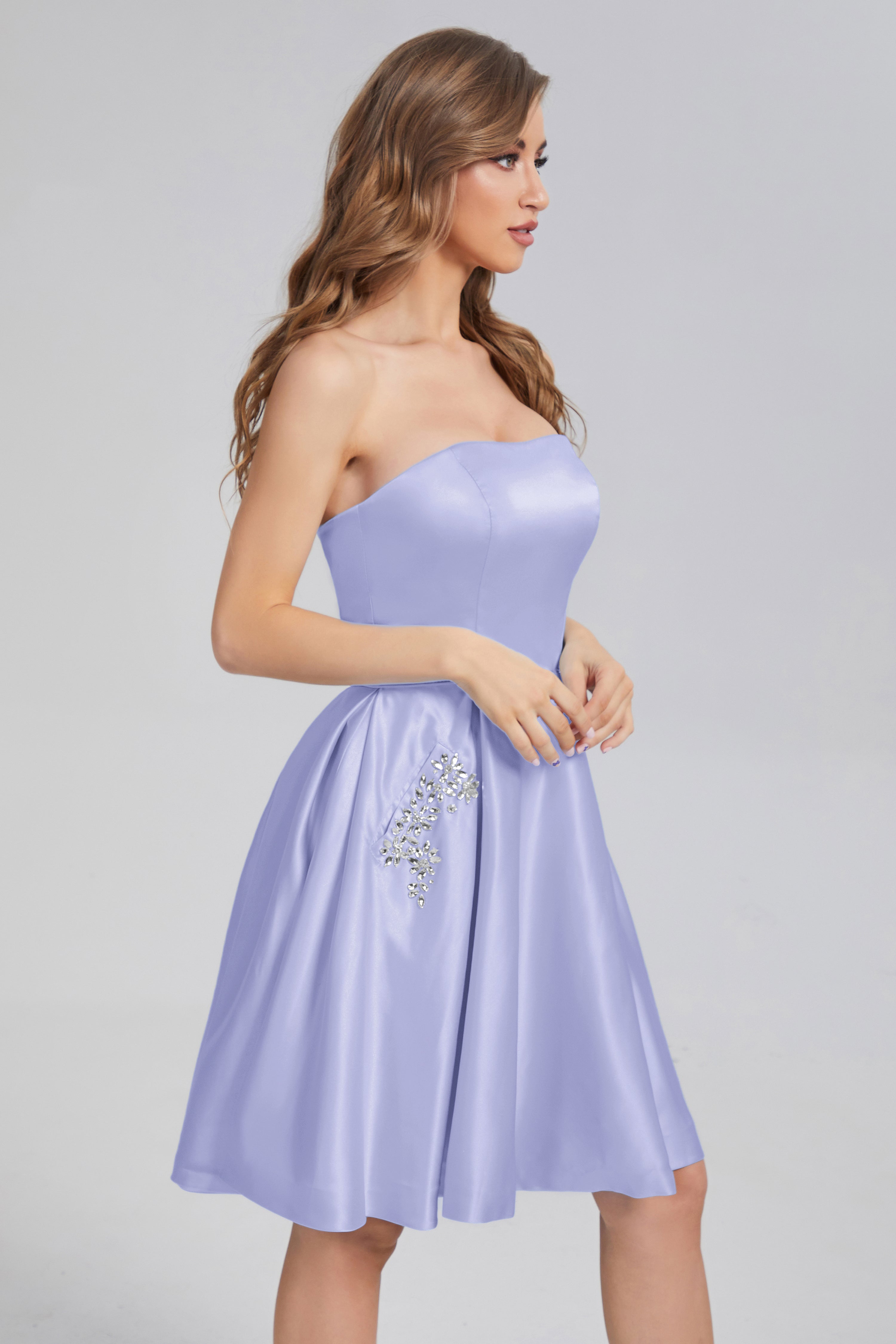 Strapless Lace up Short Prom Dresses with Pocket