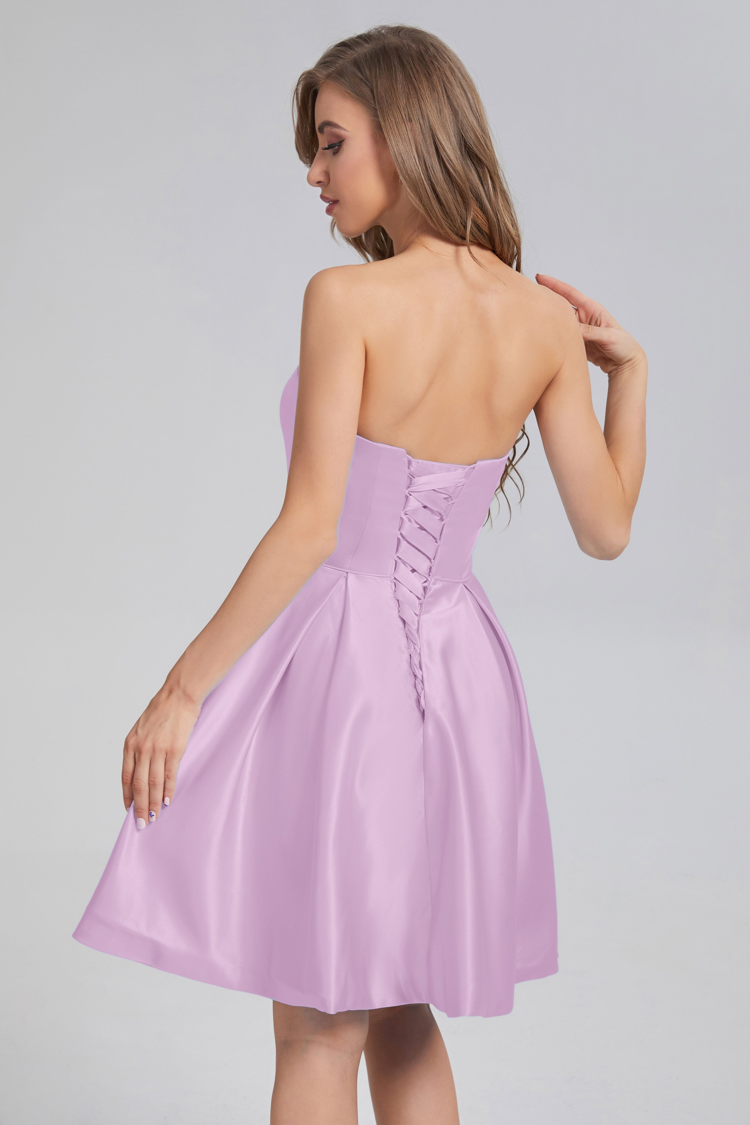 Strapless Lace up Short Prom Dresses with Pocket