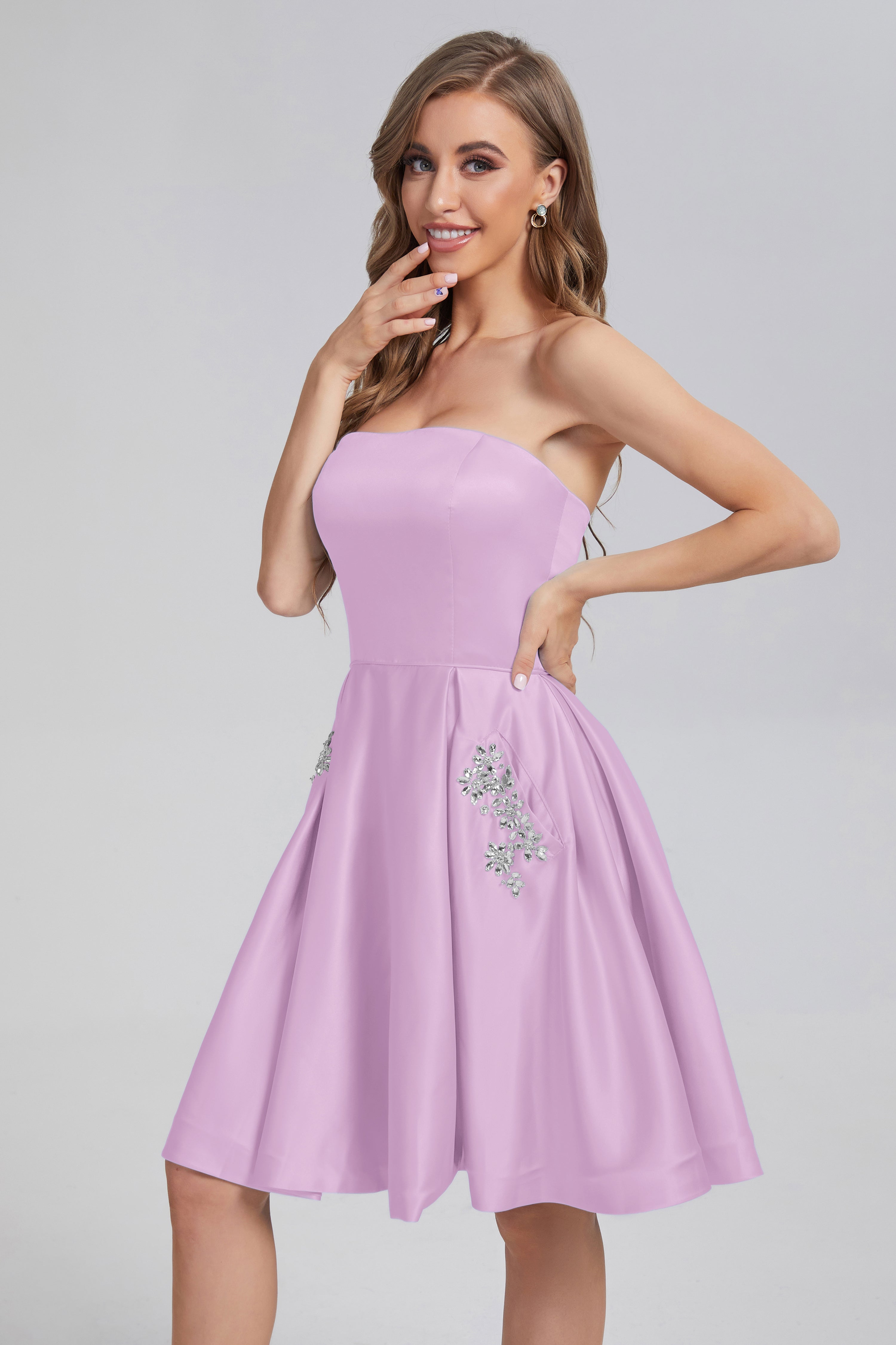 Strapless Lace up Short Prom Dresses with Pocket