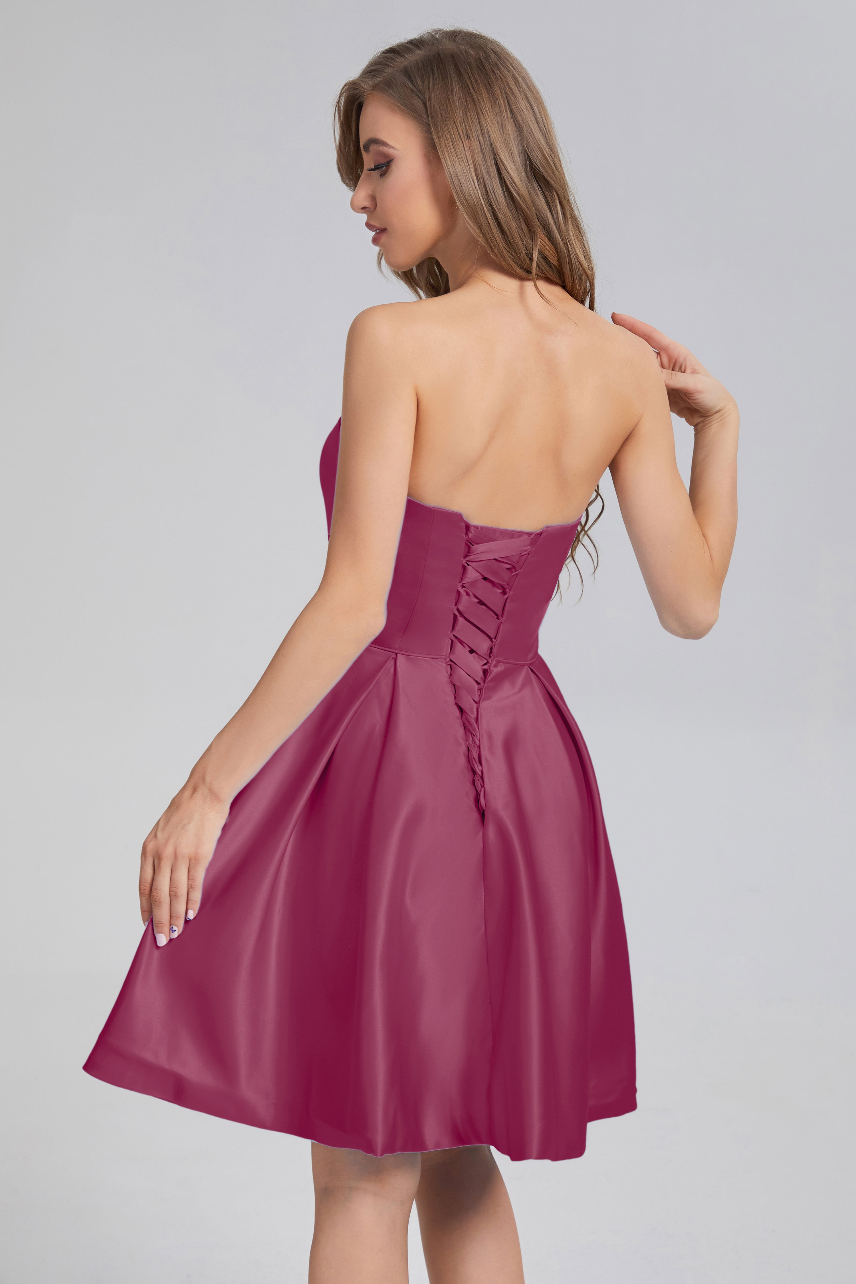 Strapless Lace up Short Prom Dresses with Pocket