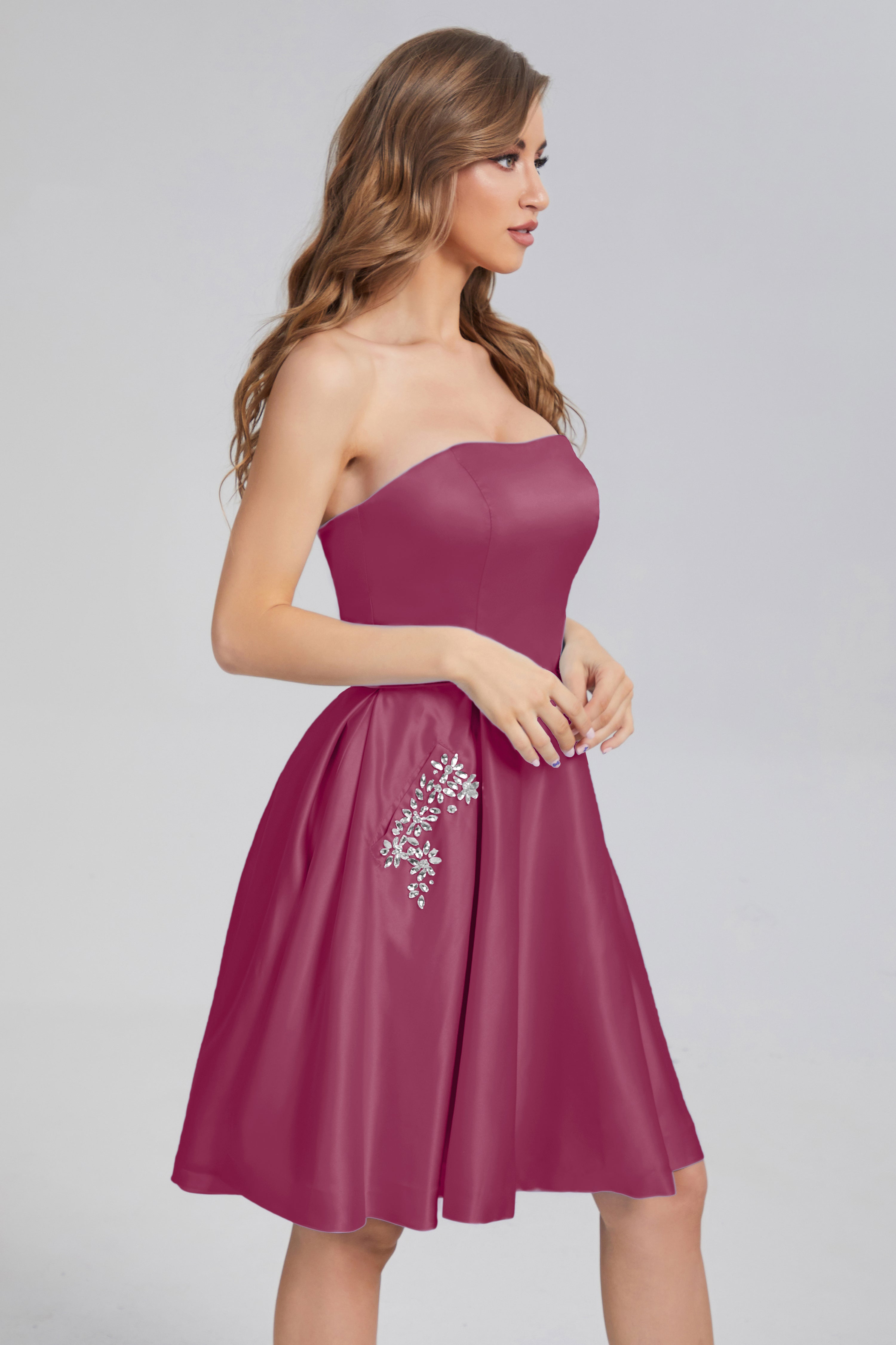 Strapless Lace up Short Prom Dresses with Pocket