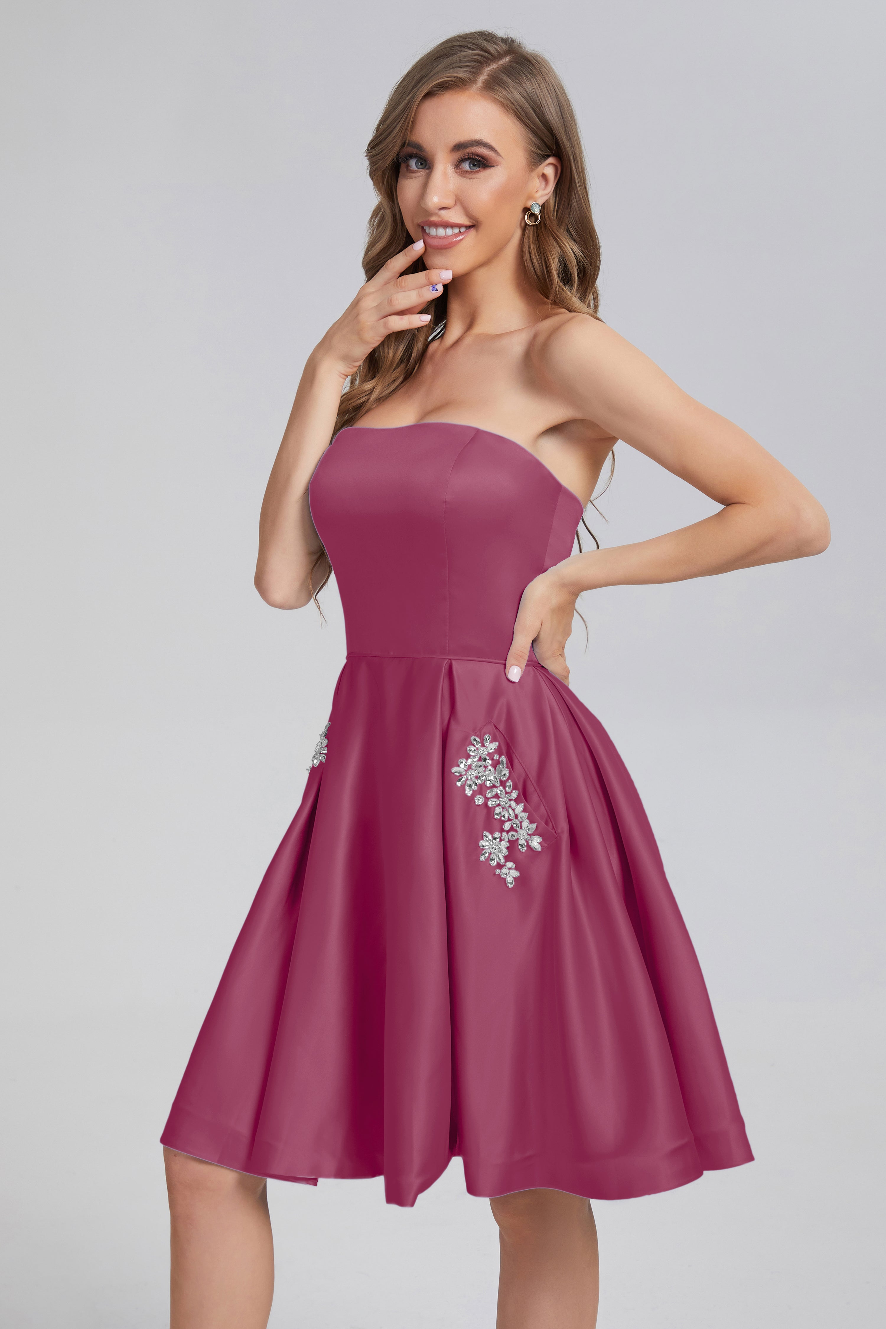 Strapless Lace up Short Prom Dresses with Pocket