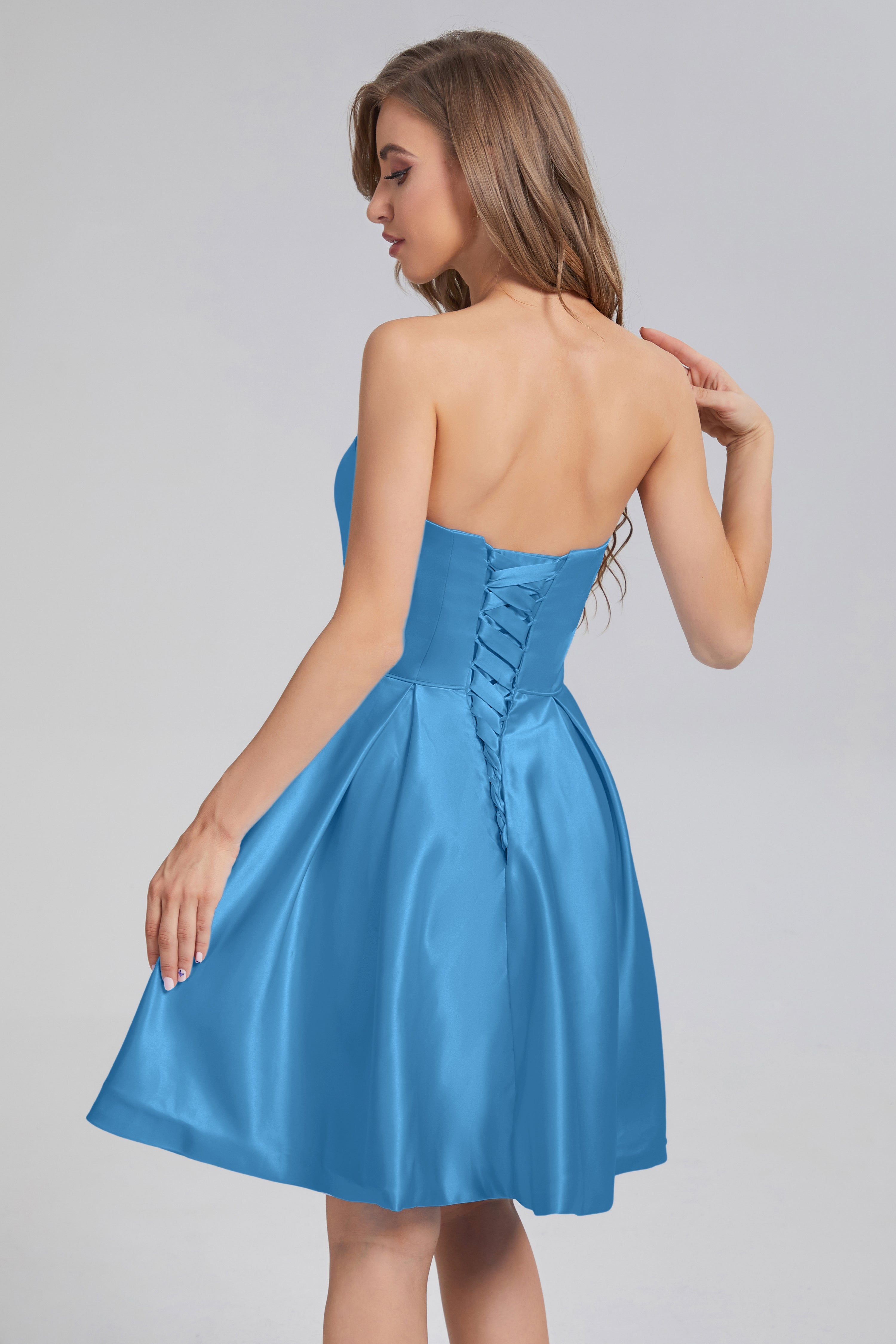 Strapless Lace up Short Prom Dresses with Pocket