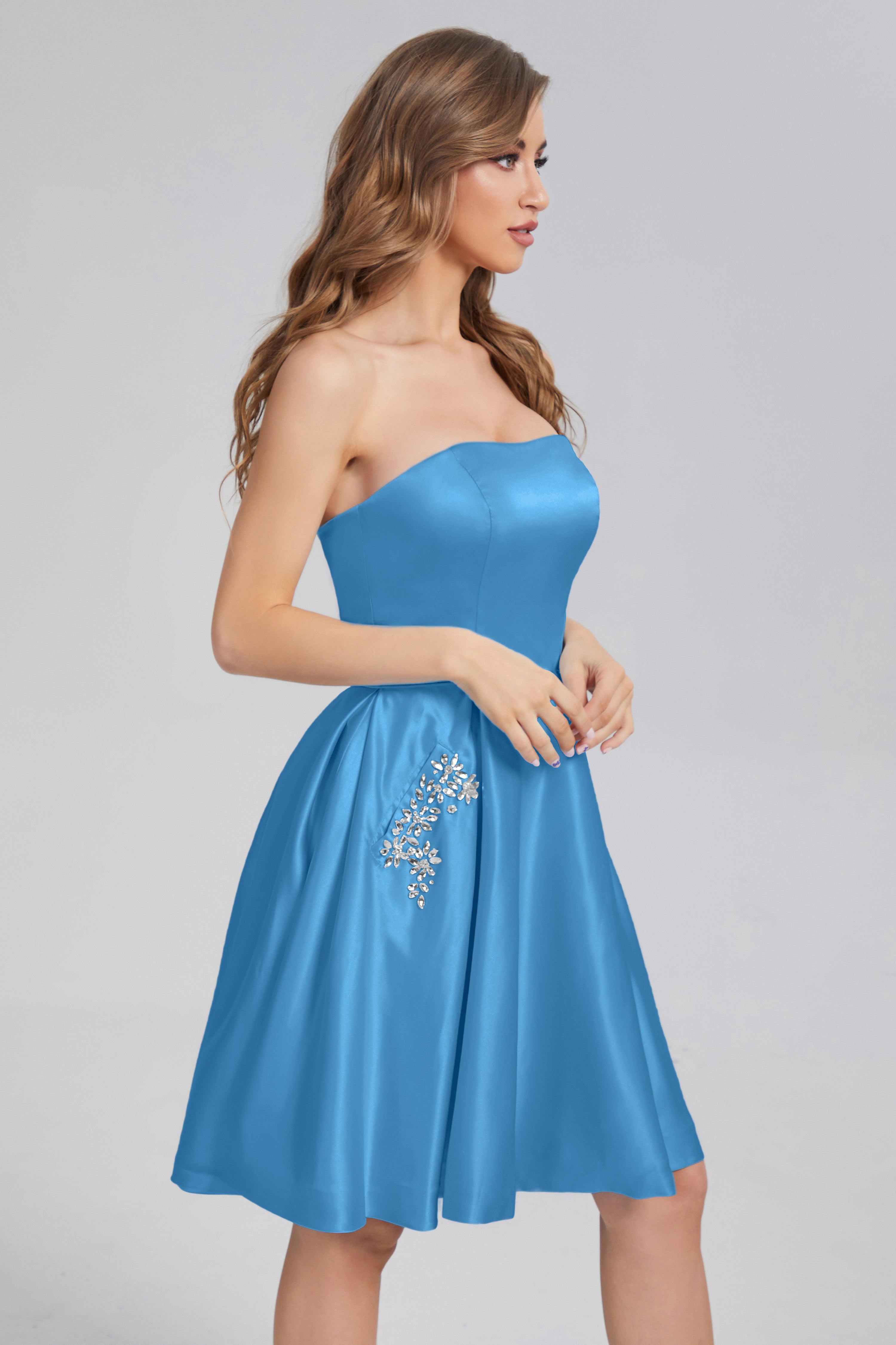 Strapless Lace up Short Prom Dresses with Pocket