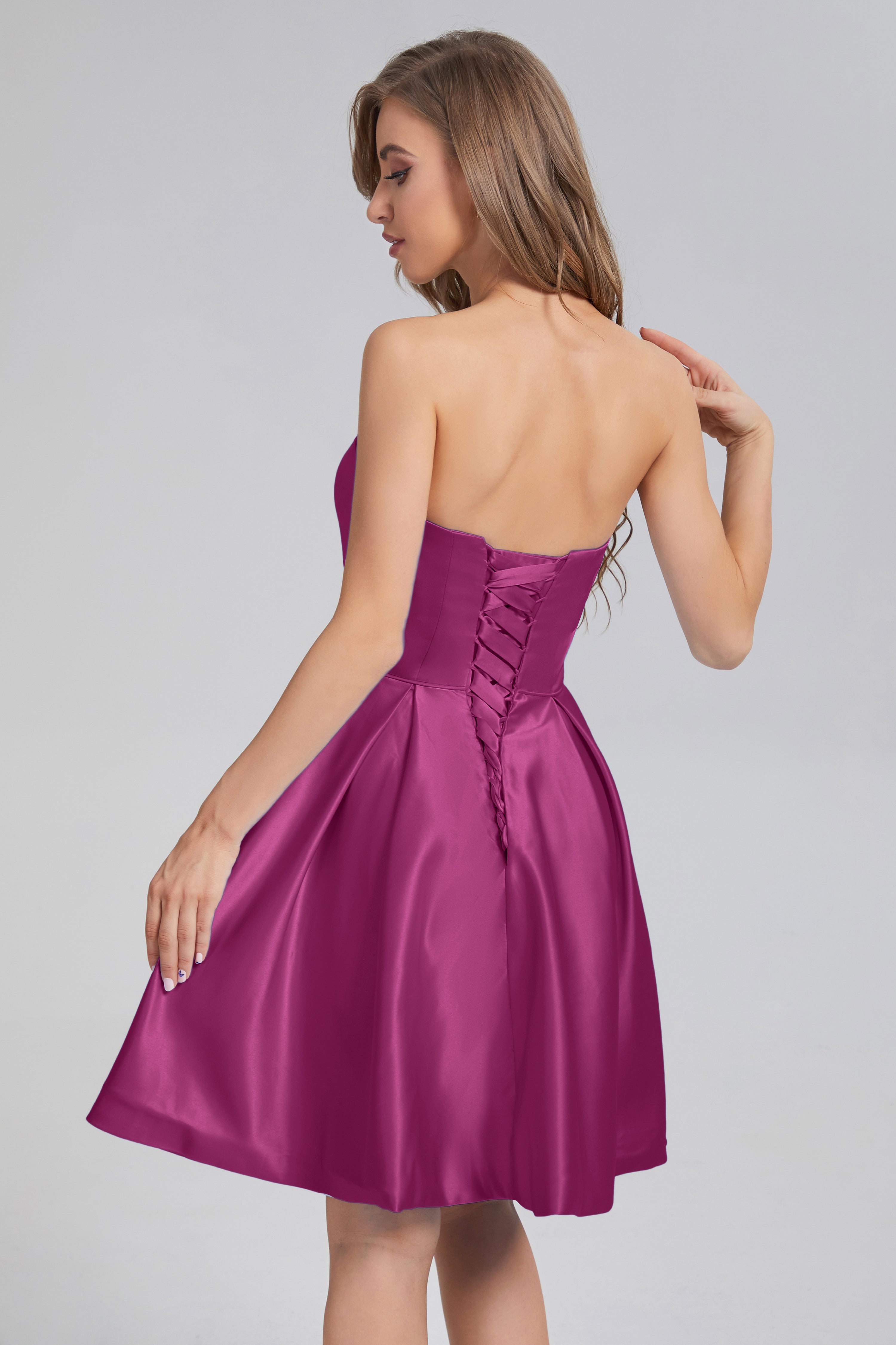 Strapless Lace up Short Prom Dresses with Pocket