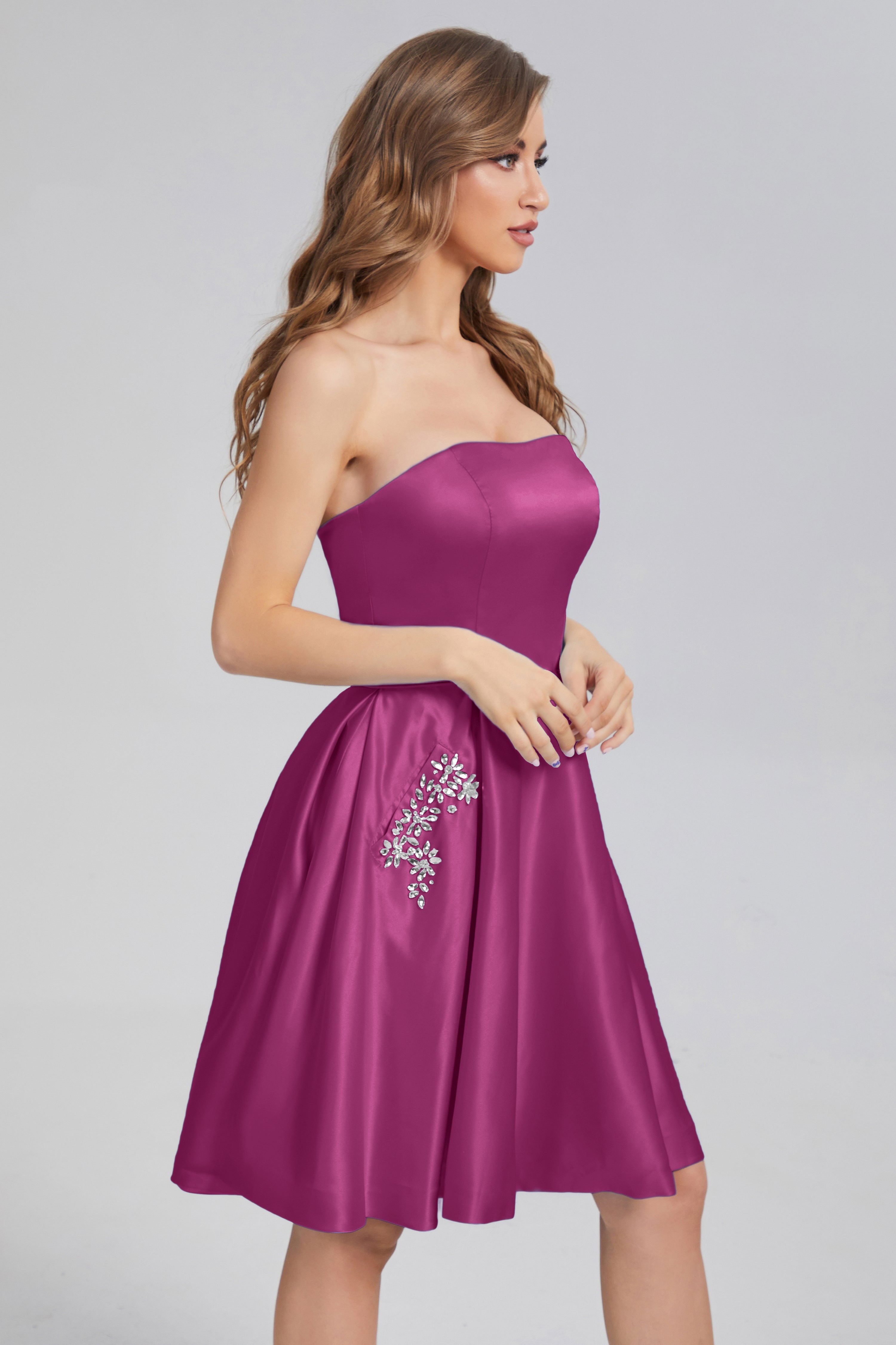 Strapless Lace up Short Prom Dresses with Pocket