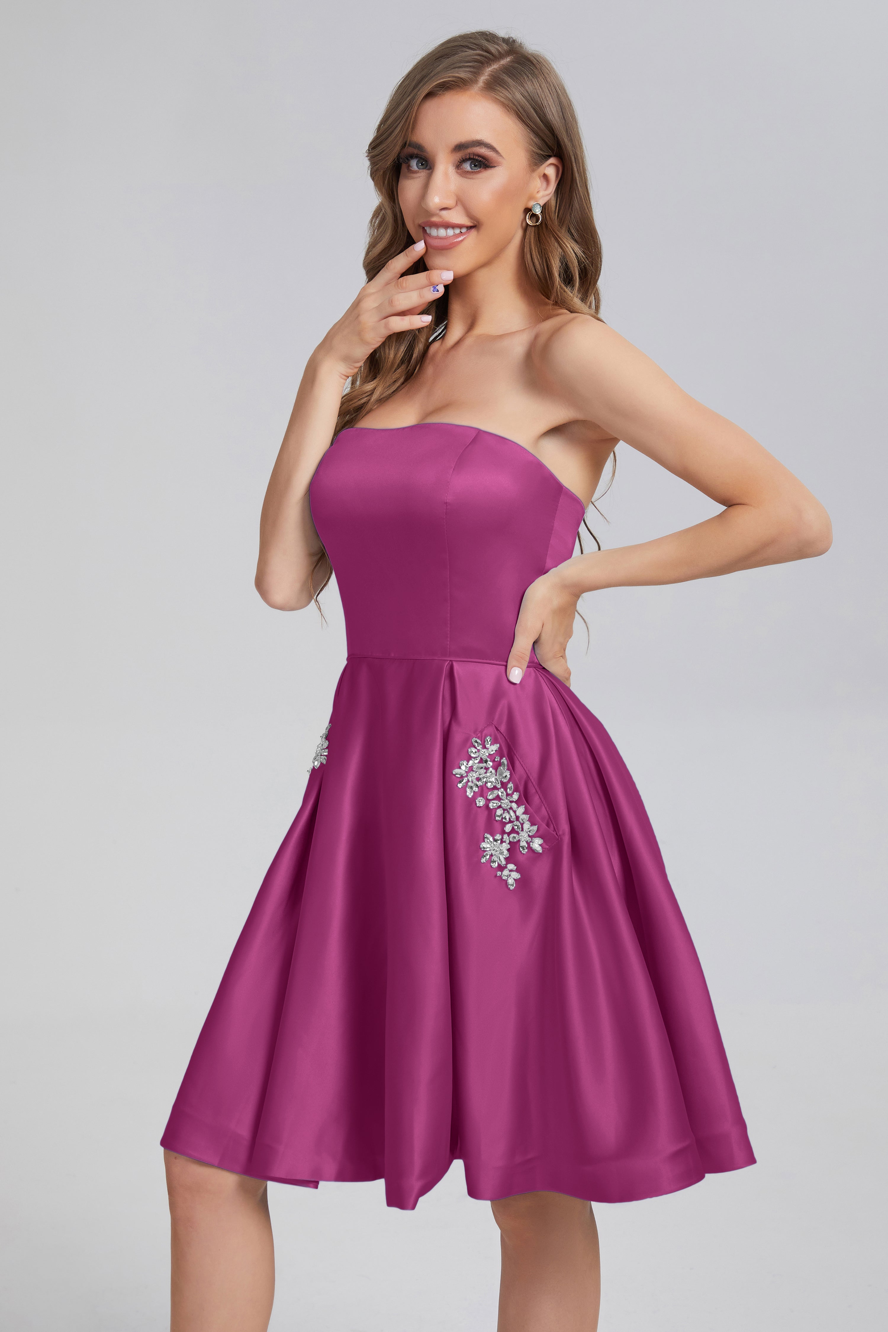 Strapless Lace up Short Prom Dresses with Pocket