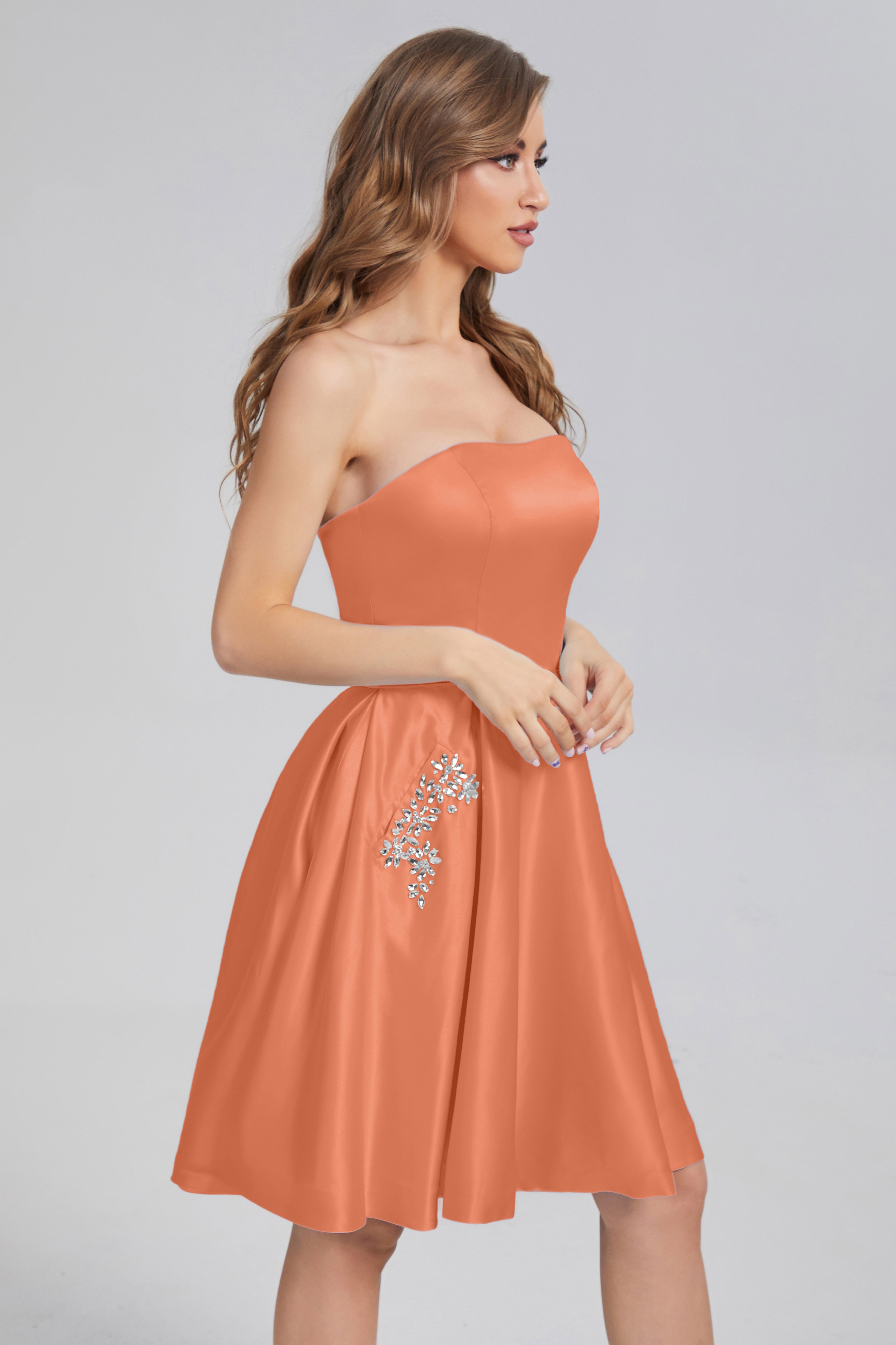 Strapless Lace up Short Prom Dresses with Pocket