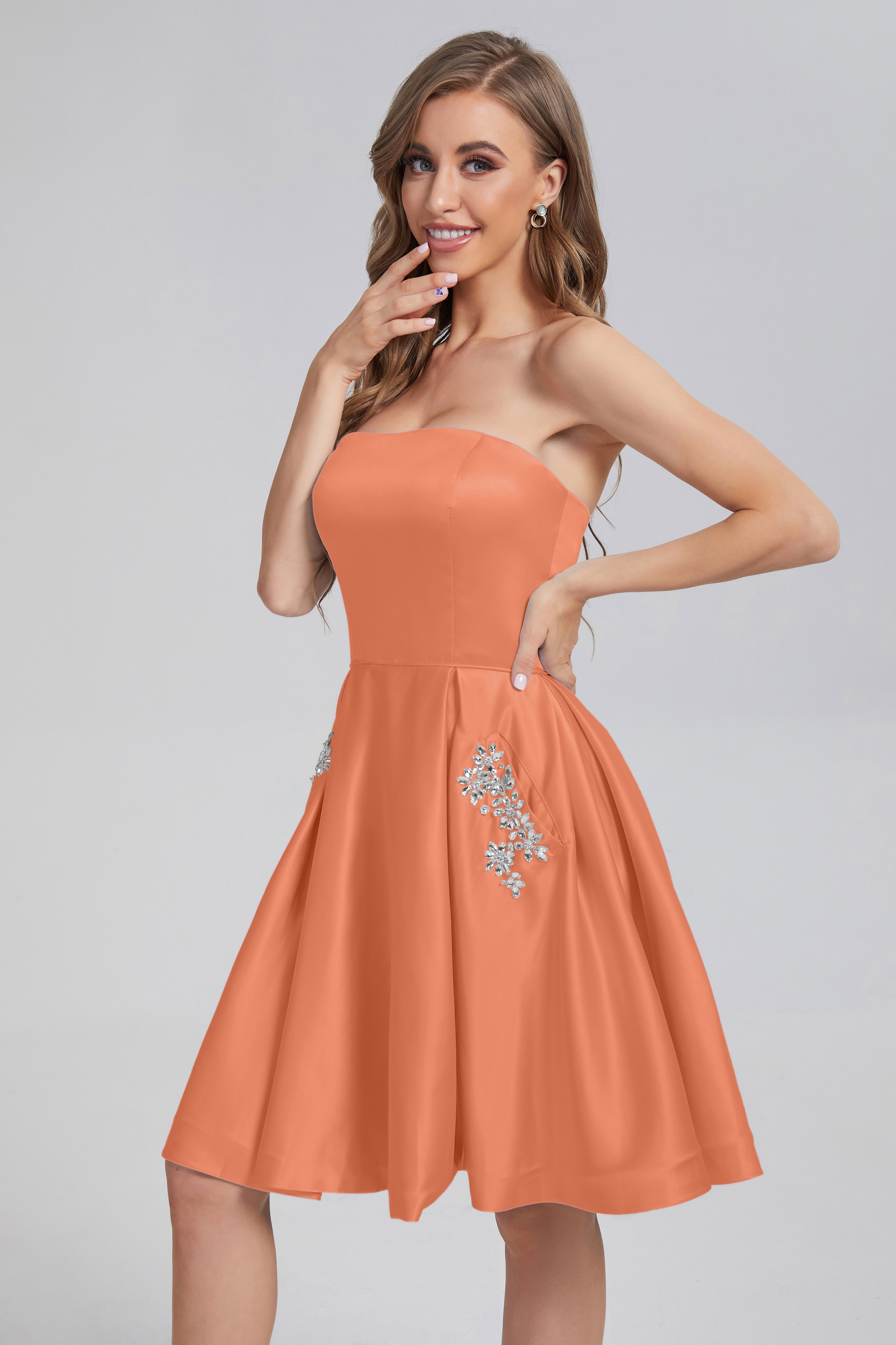 Strapless Lace up Short Prom Dresses with Pocket