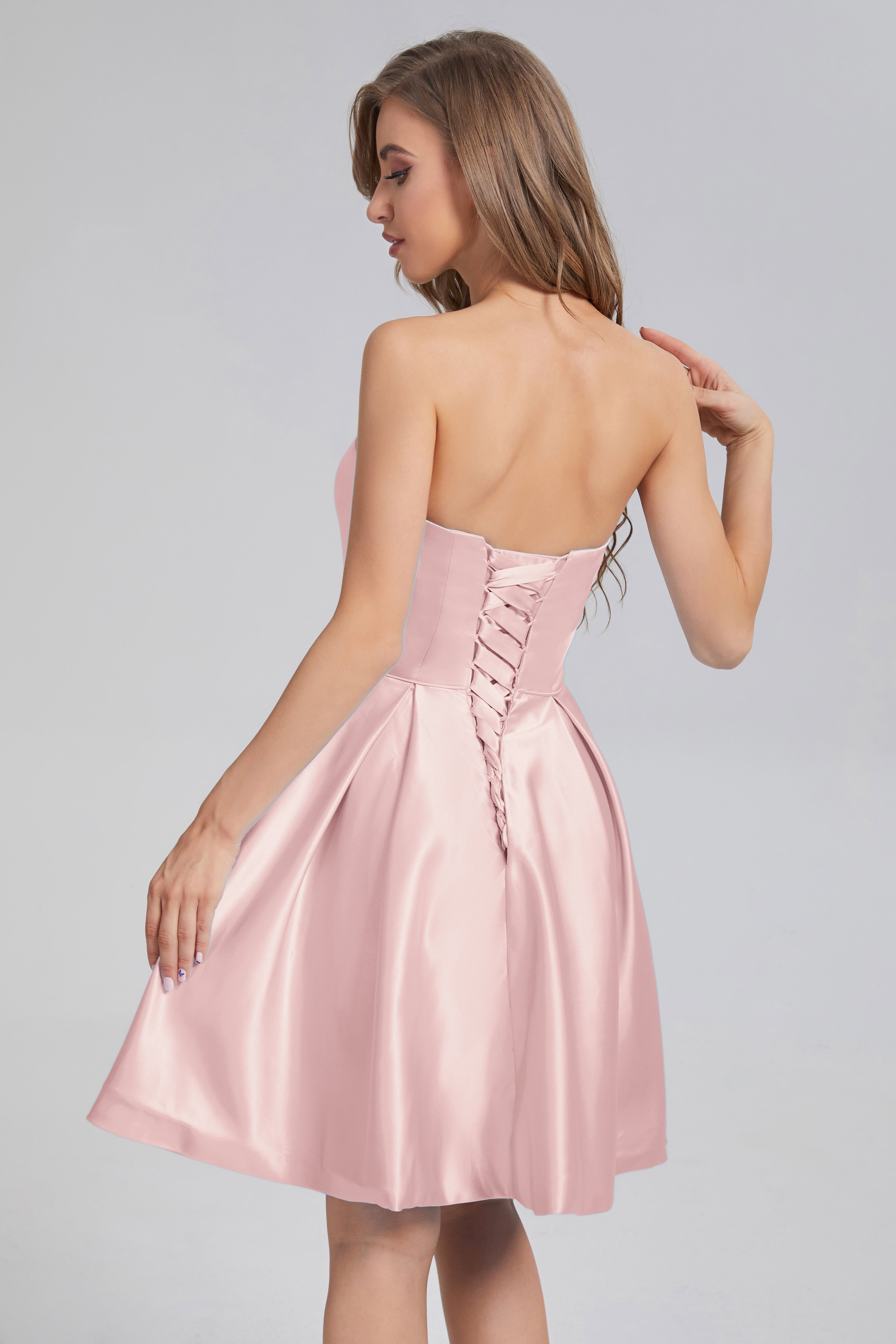 Strapless Lace up Short Prom Dresses with Pocket