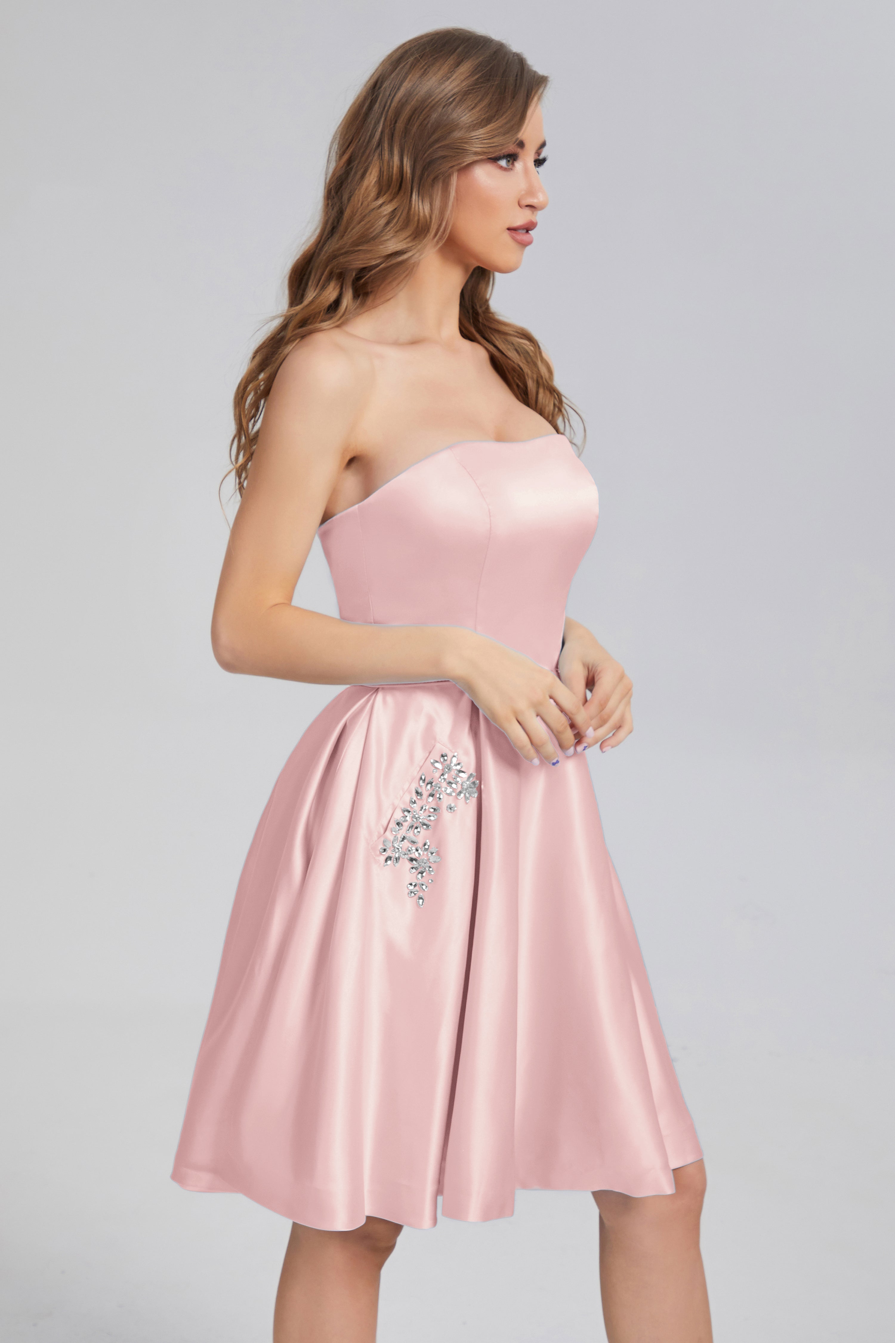 Strapless Lace up Short Prom Dresses with Pocket