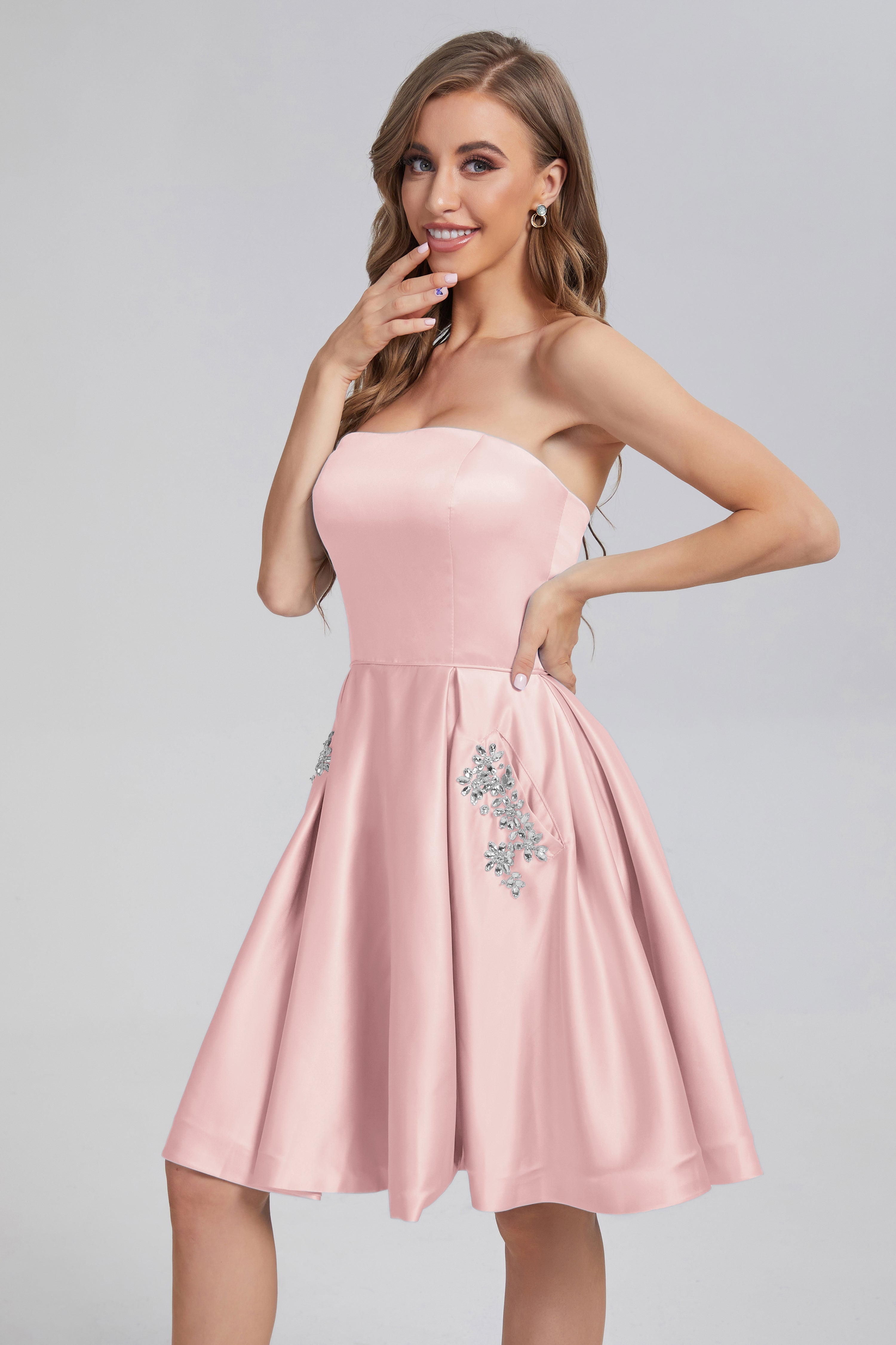 Strapless Lace up Short Prom Dresses with Pocket