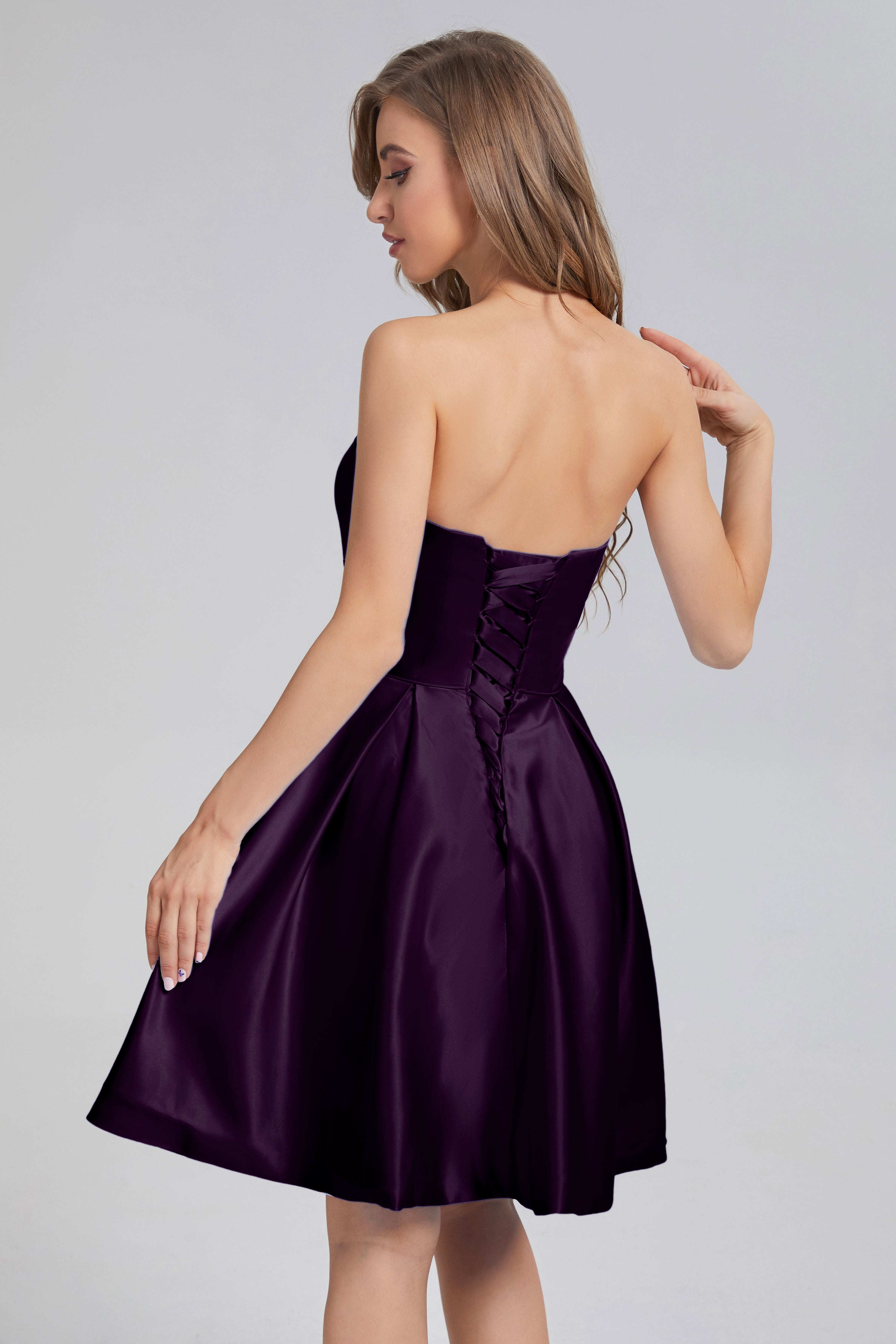 Strapless Lace up Short Prom Dresses with Pocket