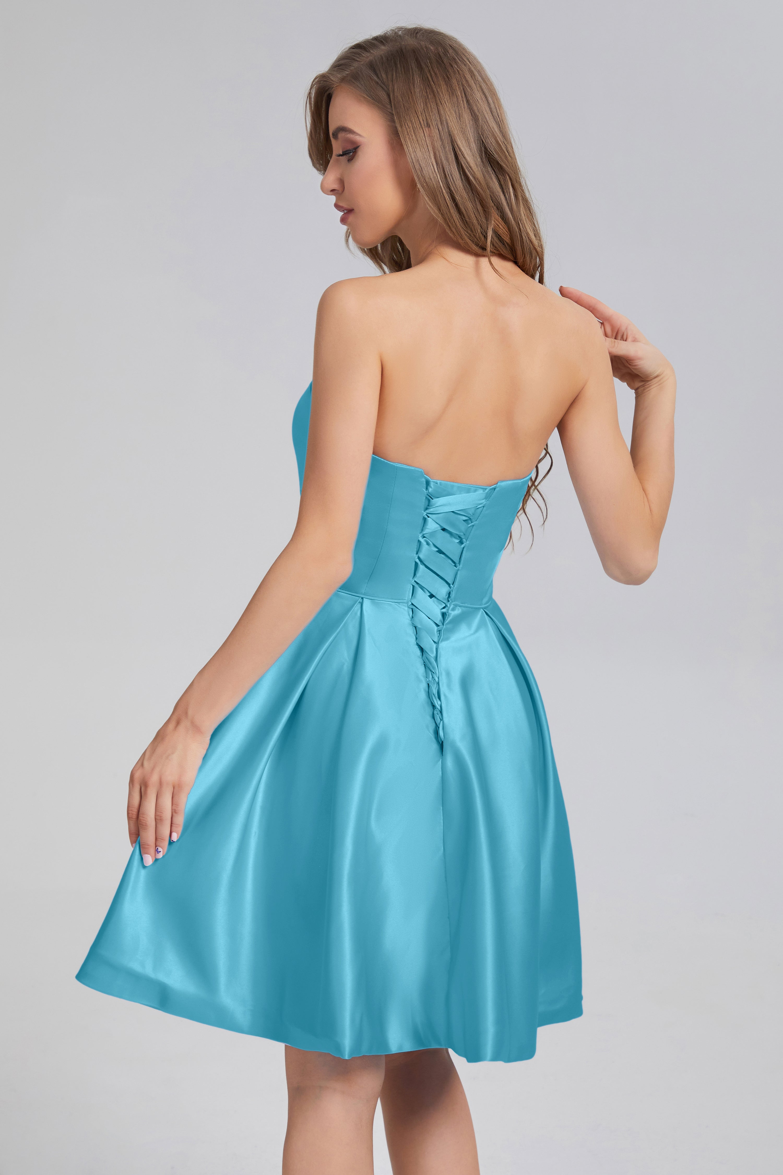 Strapless Lace up Short Prom Dresses with Pocket