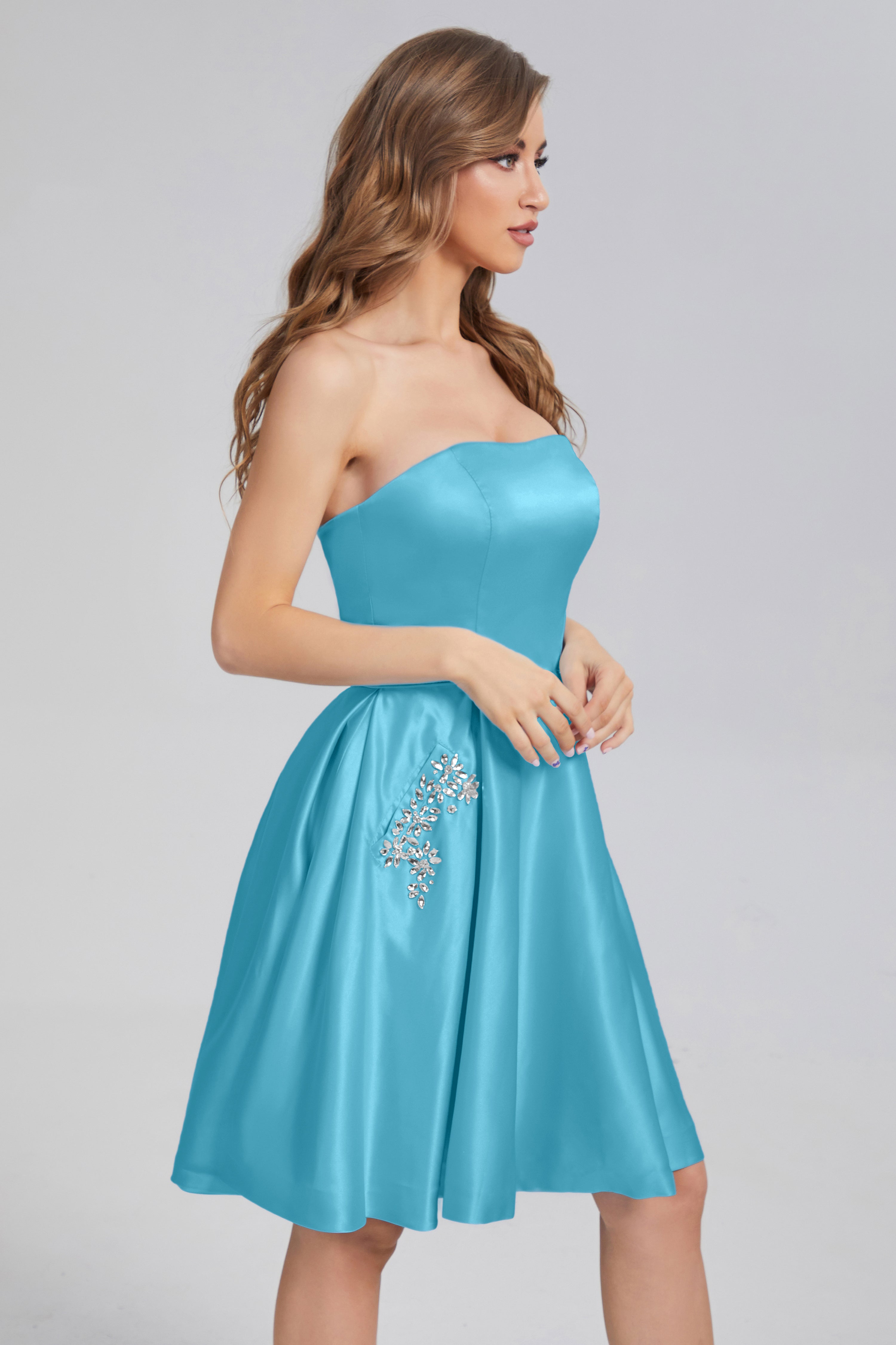 Strapless Lace up Short Prom Dresses with Pocket