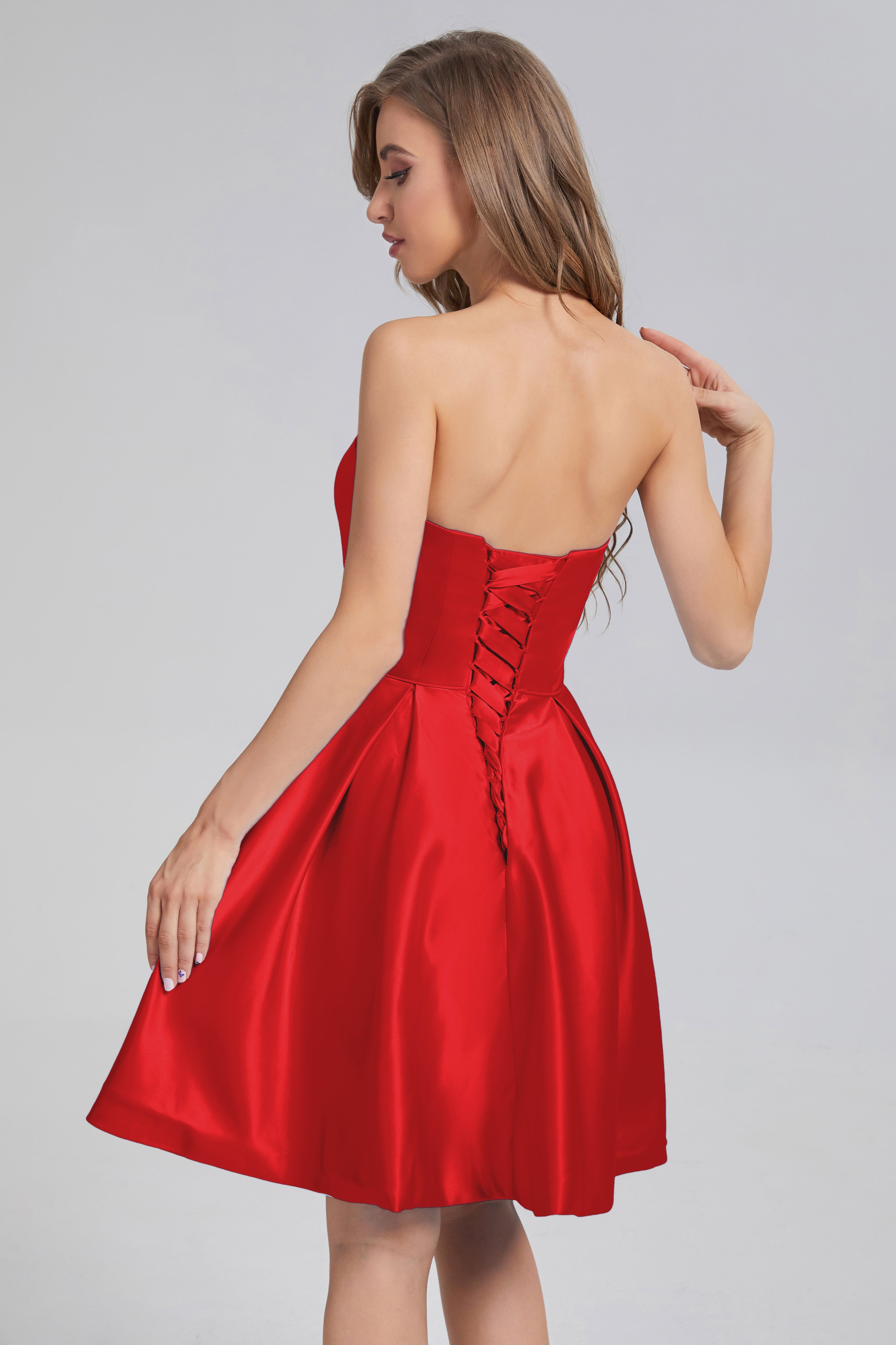 Strapless Lace up Short Prom Dresses with Pocket