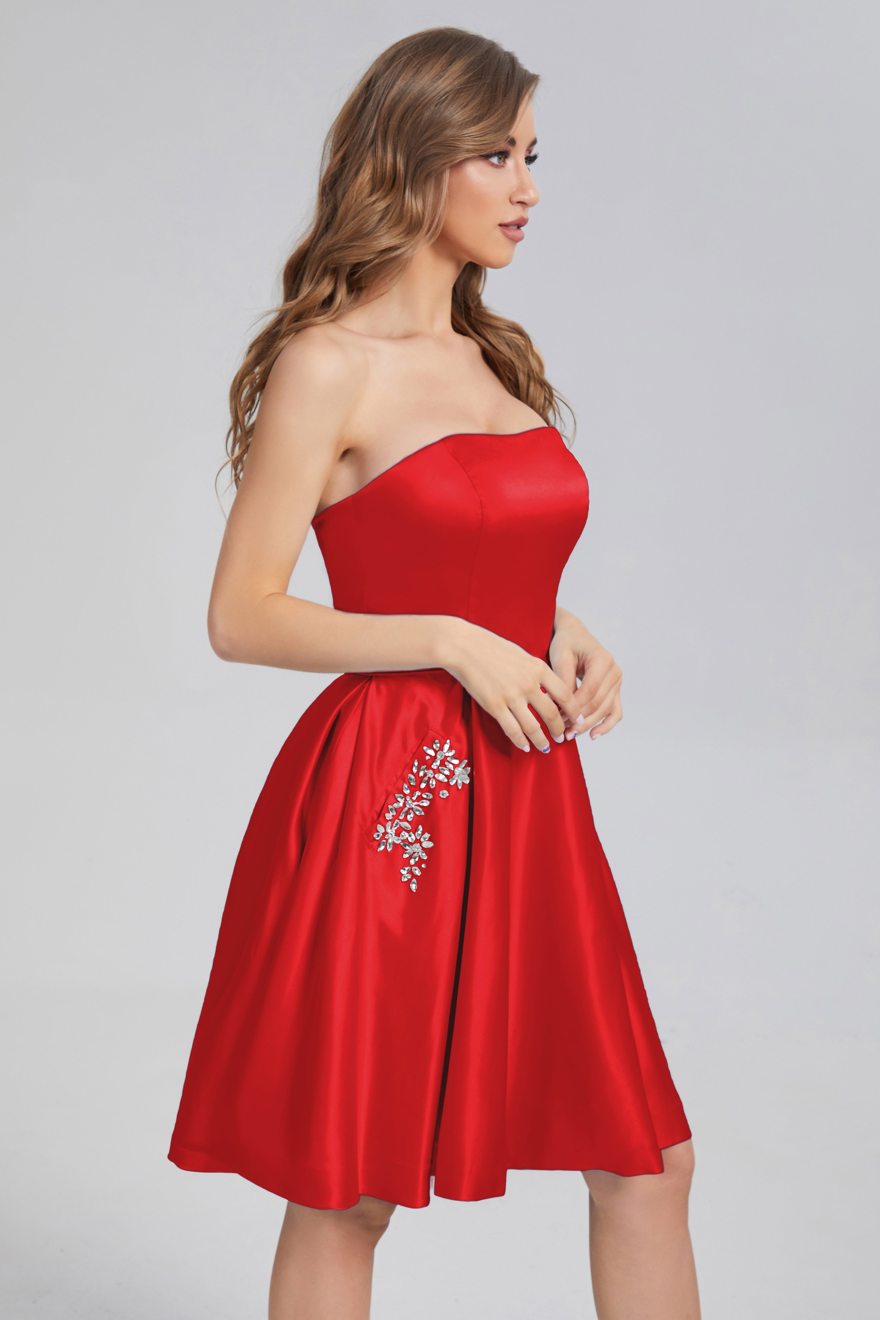 Strapless Lace up Short Prom Dresses with Pocket