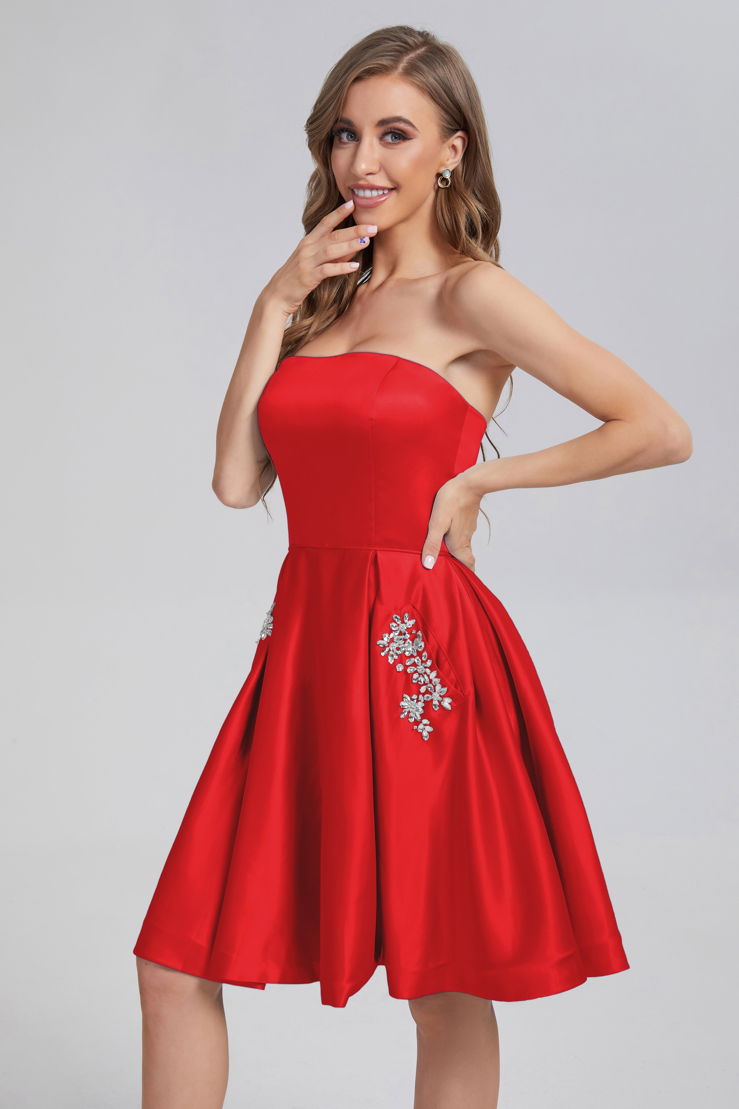 Strapless Lace up Short Prom Dresses with Pocket